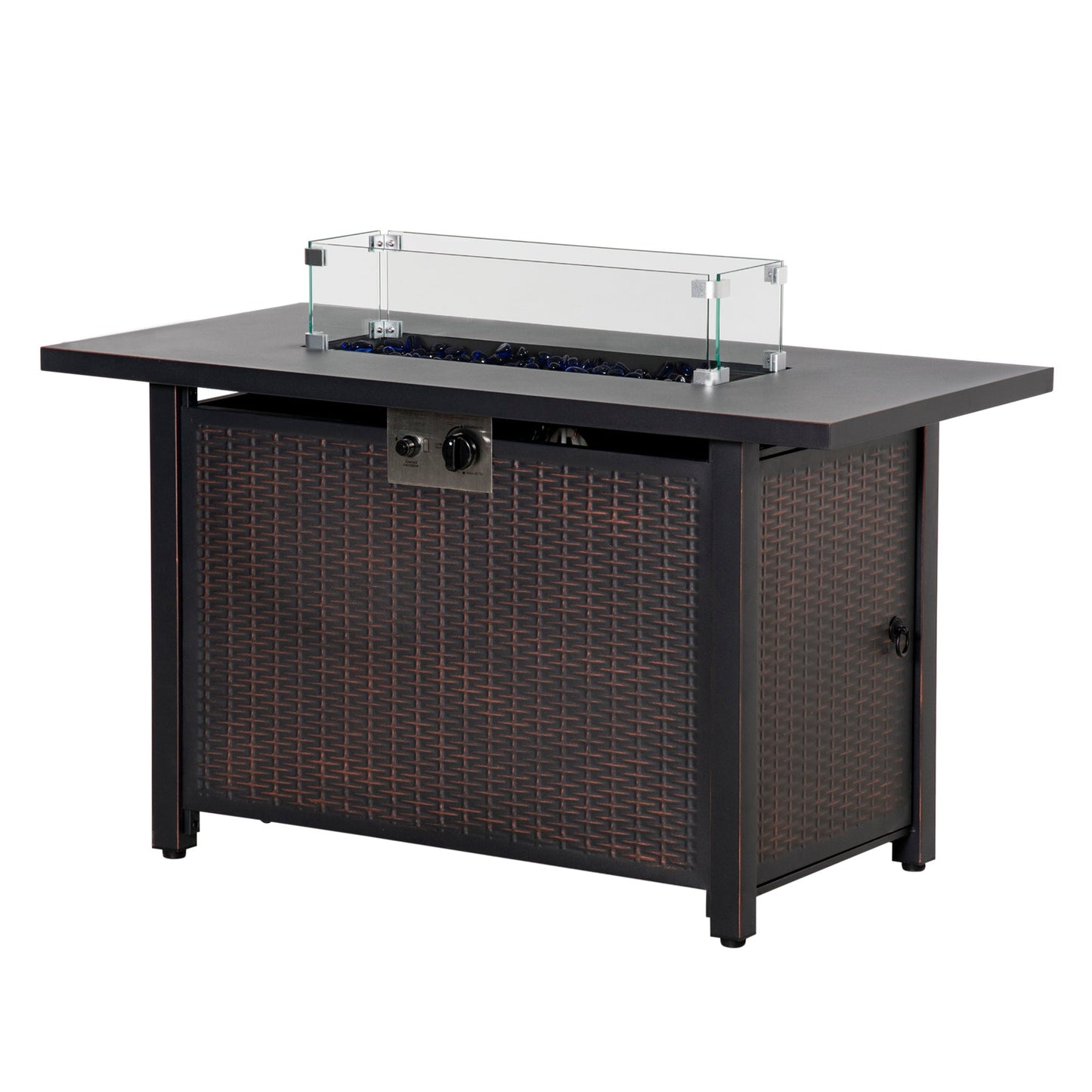 Propane Fire Pit Table 43" Outdoor Square Fire Table, 50,000 BTU Pulse-Ignition Wicker Firepit Furniture with Glass Wind Guard, Blue Glass Rock, CSA Certification, Bronze
