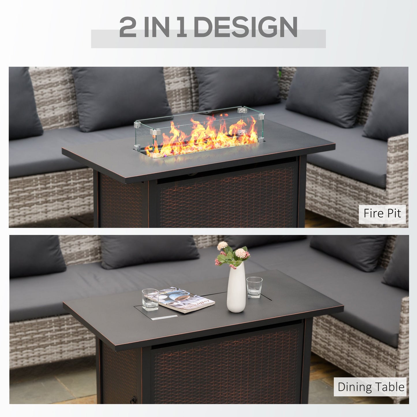 Propane Fire Pit Table 43" Outdoor Square Fire Table, 50,000 BTU Pulse-Ignition Wicker Firepit Furniture with Glass Wind Guard, Blue Glass Rock, CSA Certification, Bronze