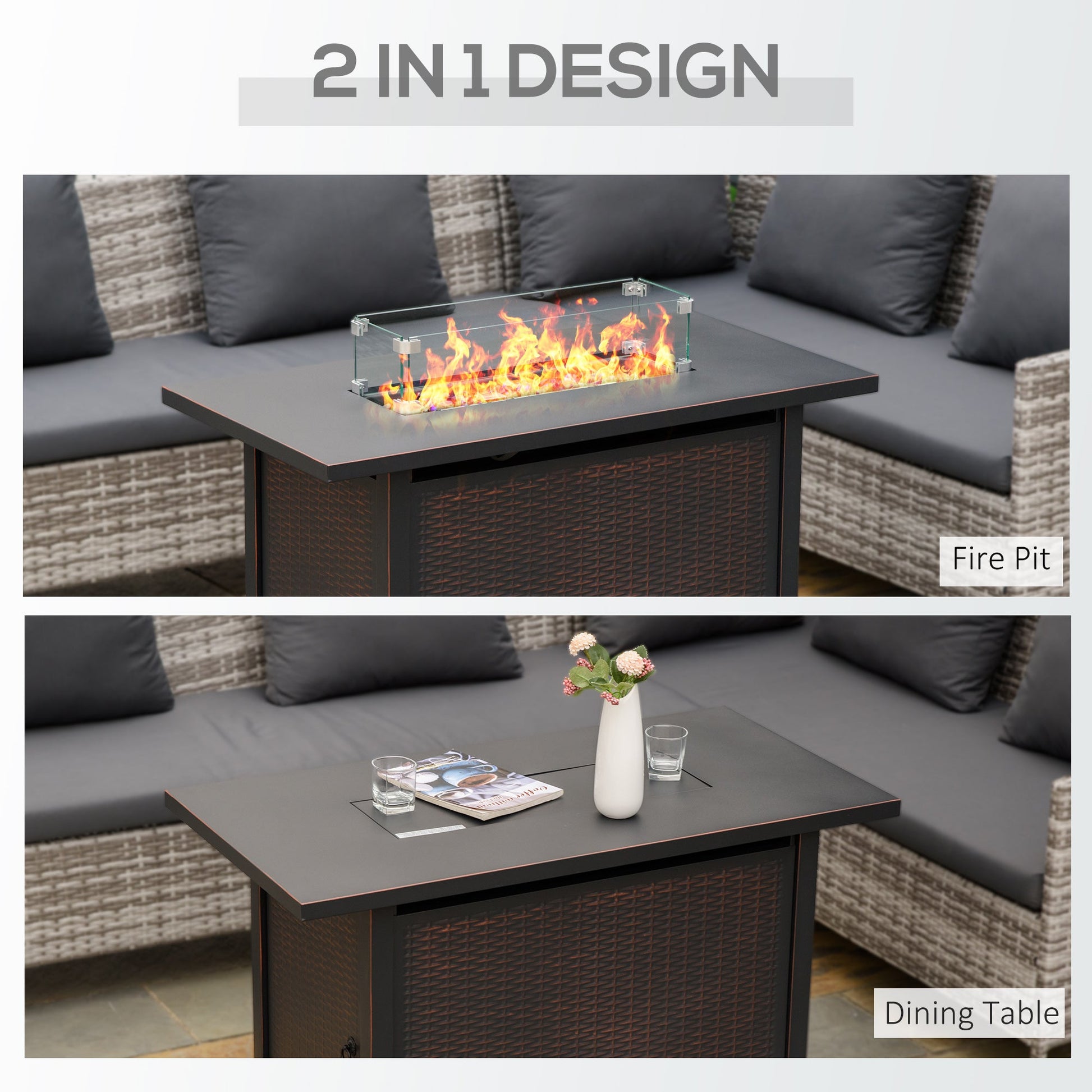 Propane Fire Pit Table 43" Outdoor Square Fire Table, 50,000 BTU Pulse-Ignition Wicker Firepit Furniture with Glass Wind Guard, Blue Glass Rock, CSA Certification, Bronze