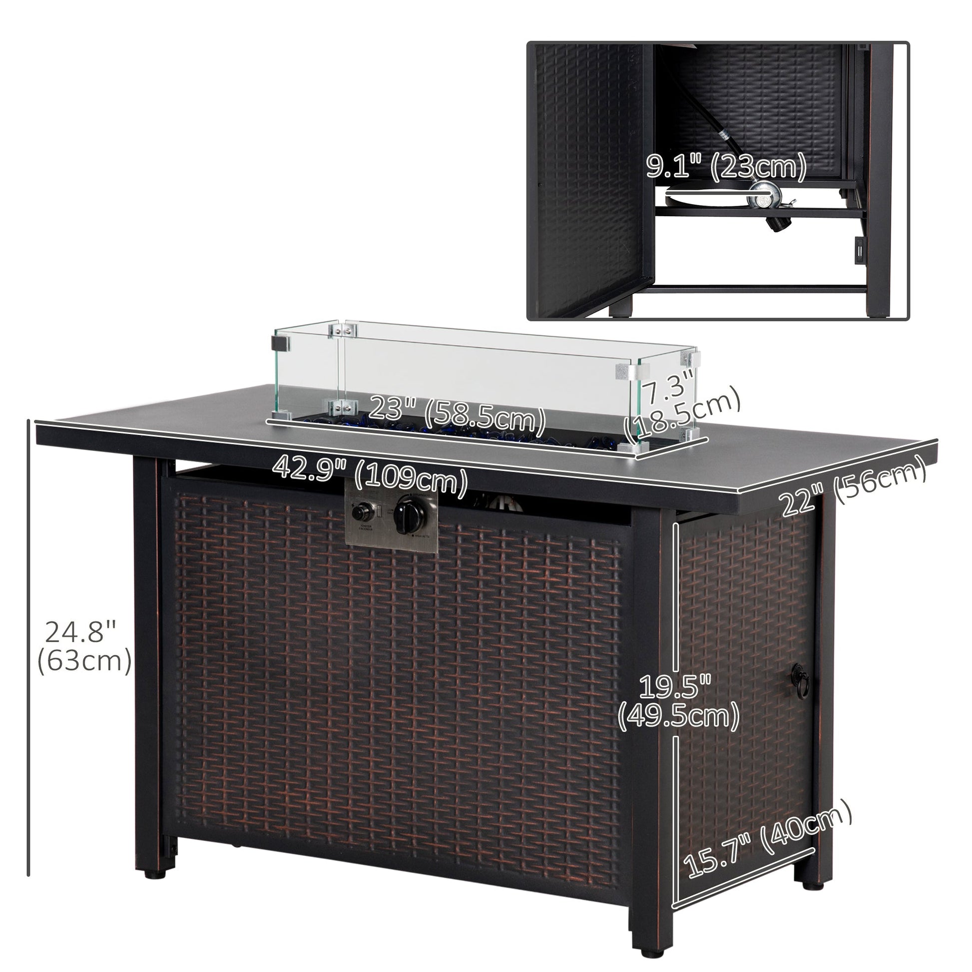 Propane Fire Pit Table 43" Outdoor Square Fire Table, 50,000 BTU Pulse-Ignition Wicker Firepit Furniture with Glass Wind Guard, Blue Glass Rock, CSA Certification, Bronze