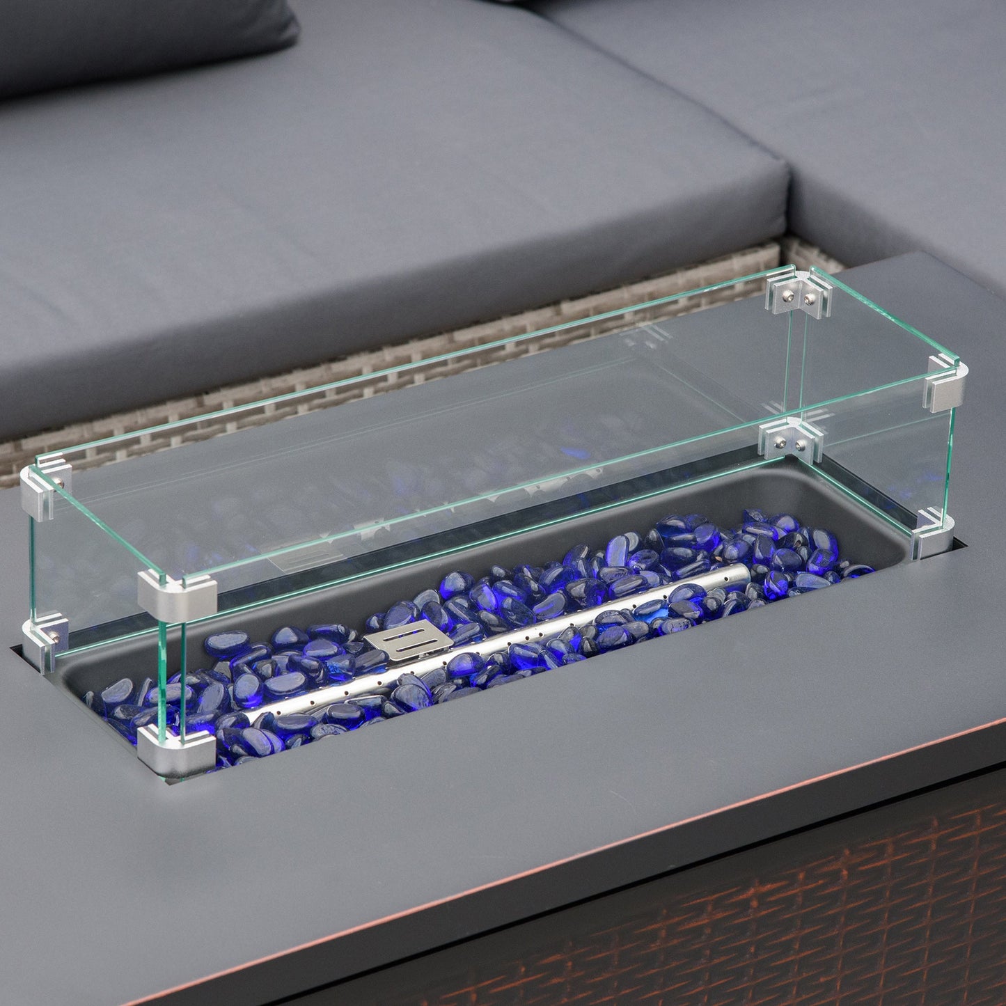 Propane Fire Pit Table 43" Outdoor Square Fire Table, 50,000 BTU Pulse-Ignition Wicker Firepit Furniture with Glass Wind Guard, Blue Glass Rock, CSA Certification, Bronze