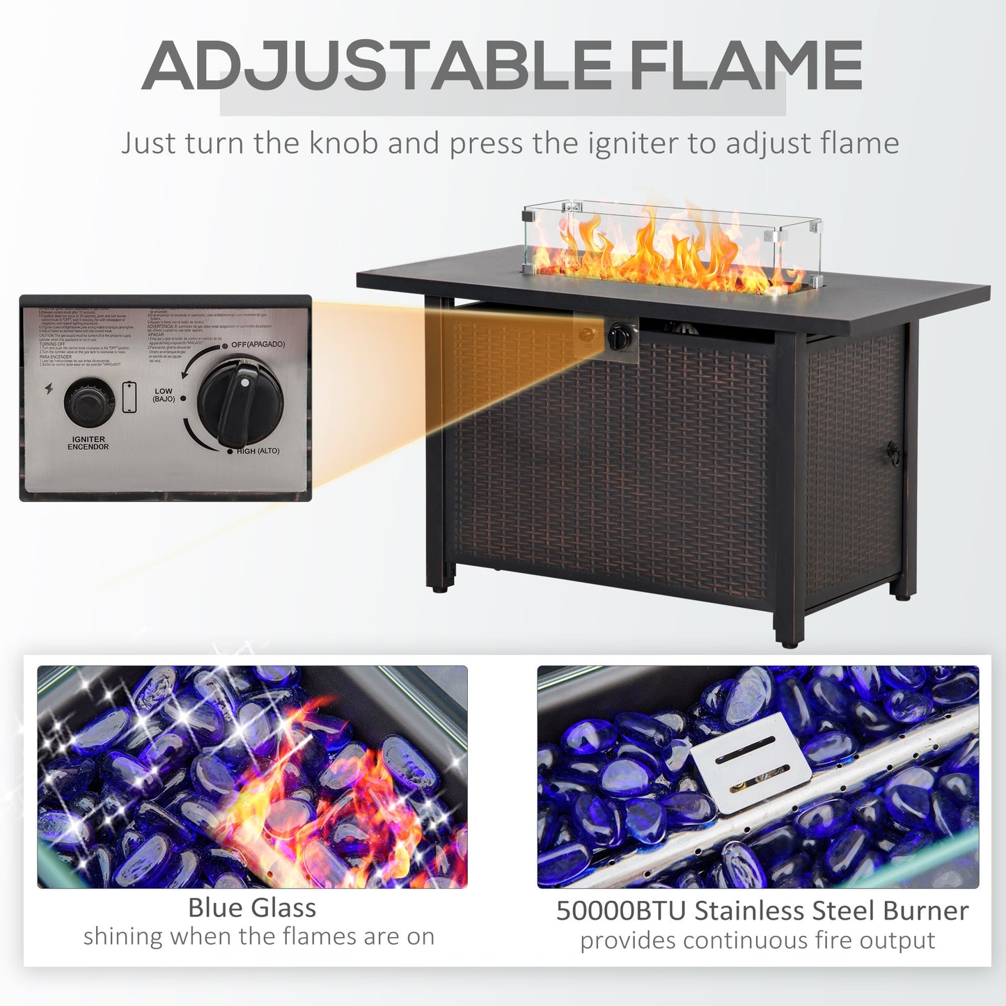 Propane Fire Pit Table 43" Outdoor Square Fire Table, 50,000 BTU Pulse-Ignition Wicker Firepit Furniture with Glass Wind Guard, Blue Glass Rock, CSA Certification, Bronze