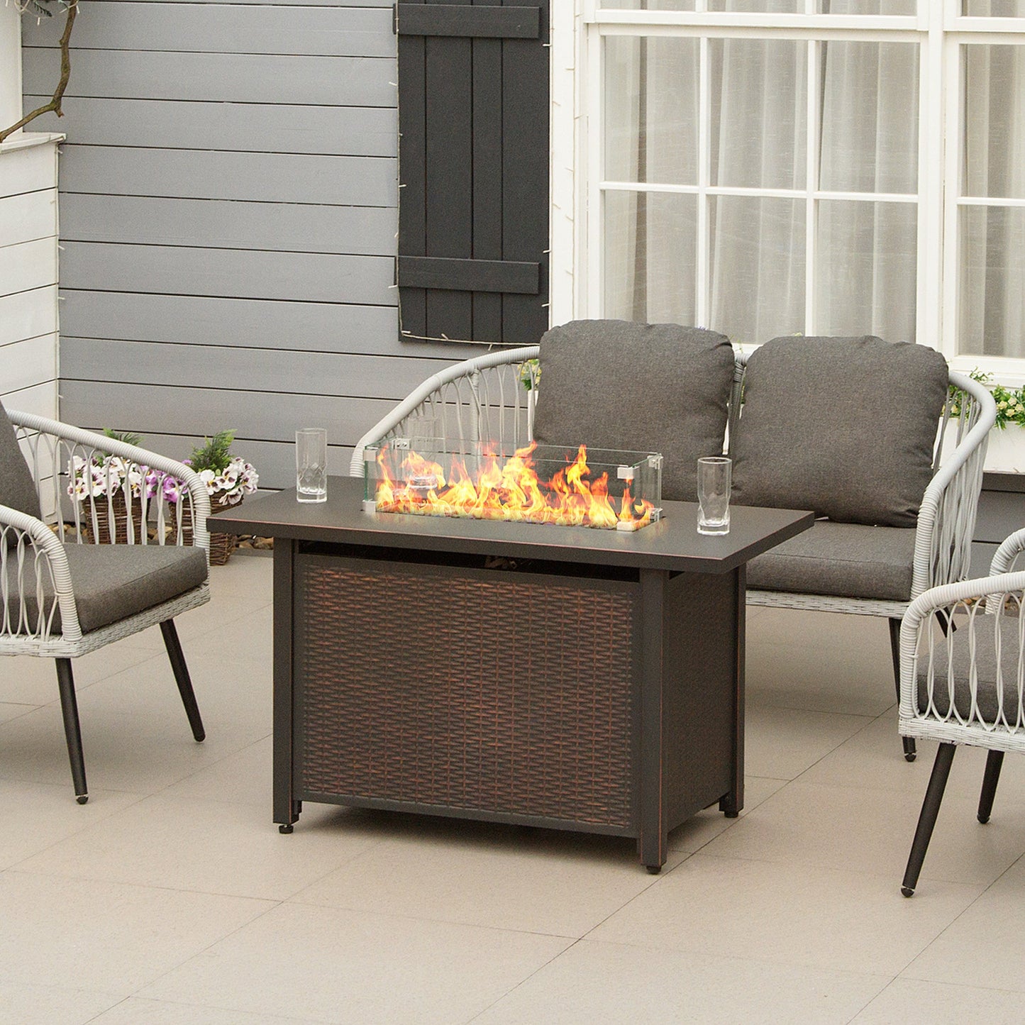 Propane Fire Pit Table 43" Outdoor Square Fire Table, 50,000 BTU Pulse-Ignition Wicker Firepit Furniture with Glass Wind Guard, Blue Glass Rock, CSA Certification, Bronze