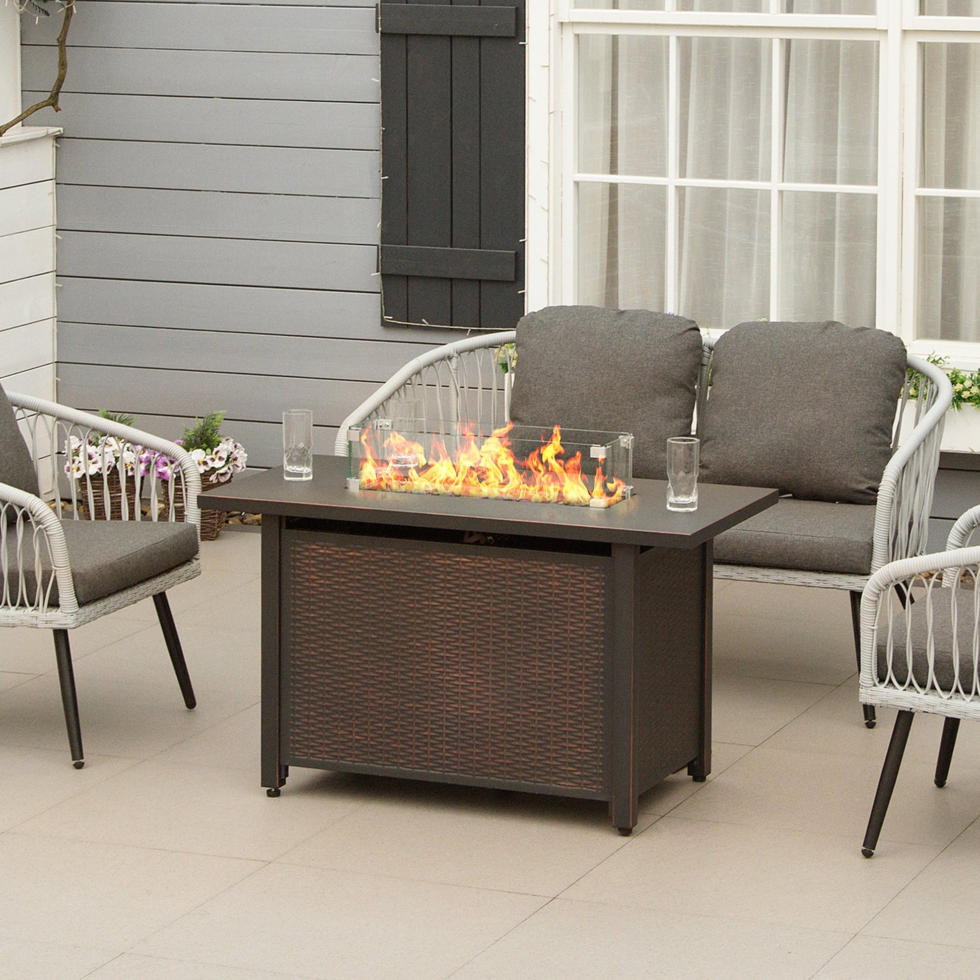 Propane Fire Pit Table 43" Outdoor Square Fire Table, 50,000 BTU Pulse-Ignition Wicker Firepit Furniture with Glass Wind Guard, Blue Glass Rock, CSA Certification, Bronze