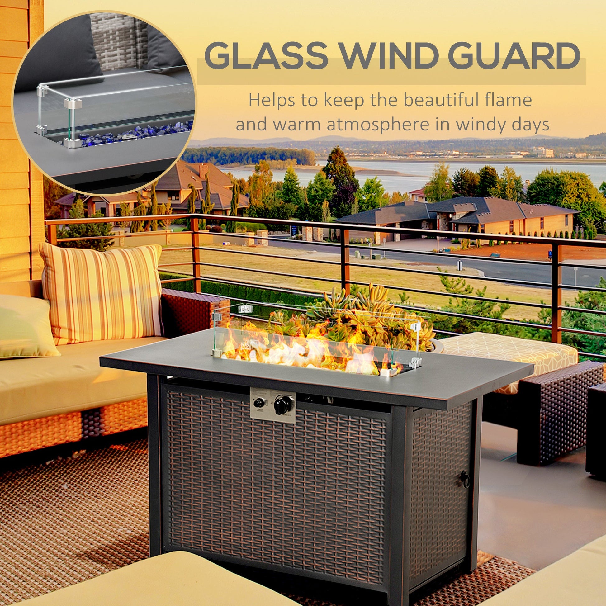 Propane Fire Pit Table 43" Outdoor Square Fire Table, 50,000 BTU Pulse-Ignition Wicker Firepit Furniture with Glass Wind Guard, Blue Glass Rock, CSA Certification, Bronze