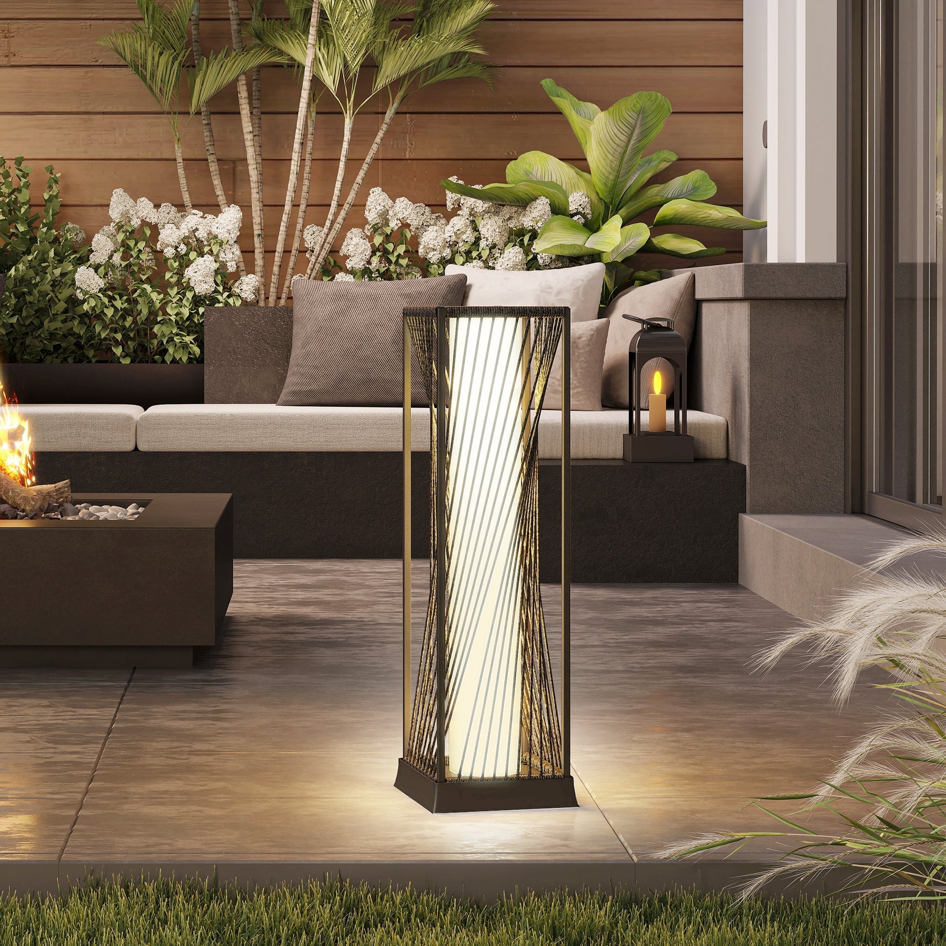 Rattan Solar Floor Lamp, Solar Powered Outdoor Lamp with Auto On/Off LED Lights, IP44 Waterproof, Decorative Outdoor Lantern for Patio, Porch, Pathway, Grey