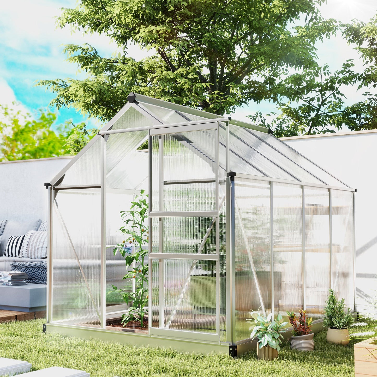 6' x 8' x 6.6' Polycarbonate Greenhouse, Walk-In Green House Kit Garden, Plants Grow, Galvanized Sheet Aluminum Frame with Rain Gutter, Vent and Sliding Door, Silver