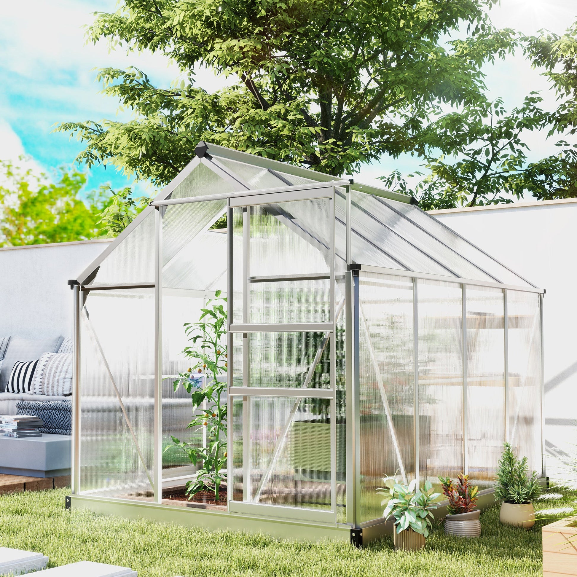 6' x 8' x 6.6' Polycarbonate Greenhouse, Walk-In Green House Kit Garden, Plants Grow, Galvanized Sheet Aluminum Frame with Rain Gutter, Vent and Sliding Door, Silver