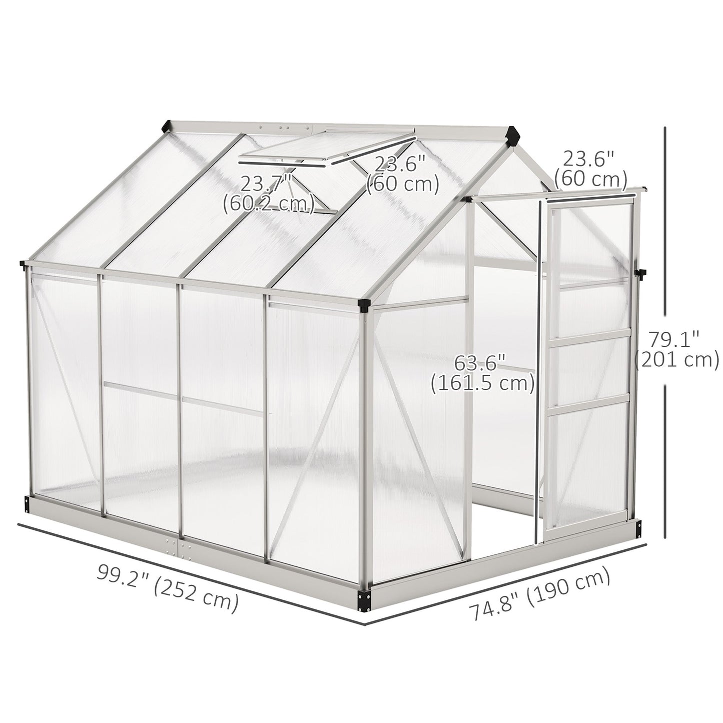 6' x 8' x 6.6' Polycarbonate Greenhouse, Walk-In Green House Kit Garden, Plants Grow, Galvanized Sheet Aluminum Frame with Rain Gutter, Vent and Sliding Door, Silver