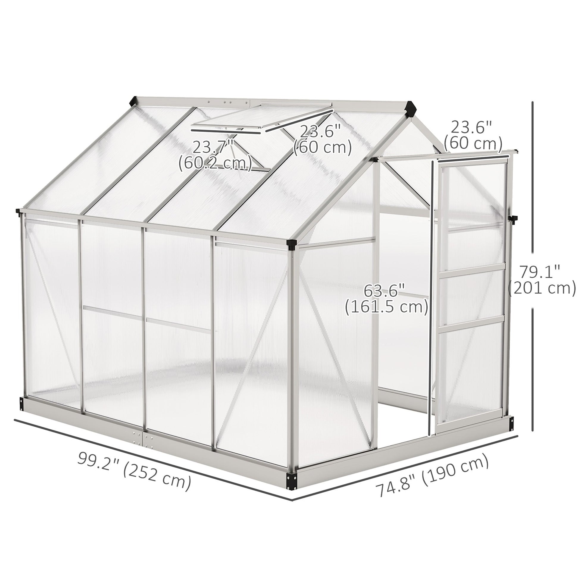 6' x 8' x 6.6' Polycarbonate Greenhouse, Walk-In Green House Kit Garden, Plants Grow, Galvanized Sheet Aluminum Frame with Rain Gutter, Vent and Sliding Door, Silver