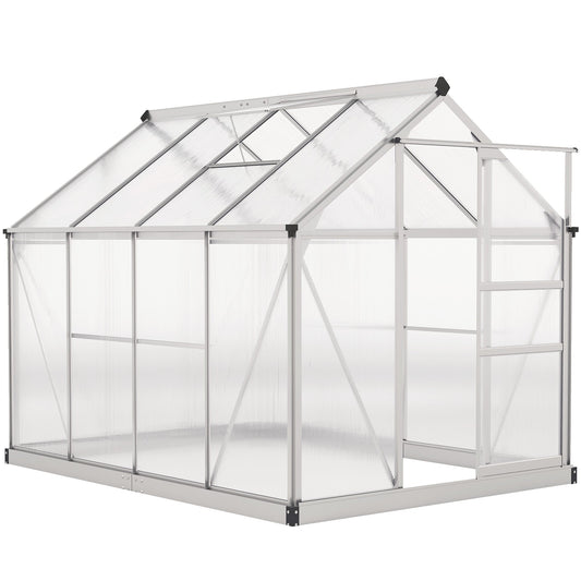 6' x 8' x 6.6' Polycarbonate Greenhouse, Walk-In Green House Kit Garden, Plants Grow, Galvanized Sheet Aluminum Frame with Rain Gutter, Vent and Sliding Door, Silver