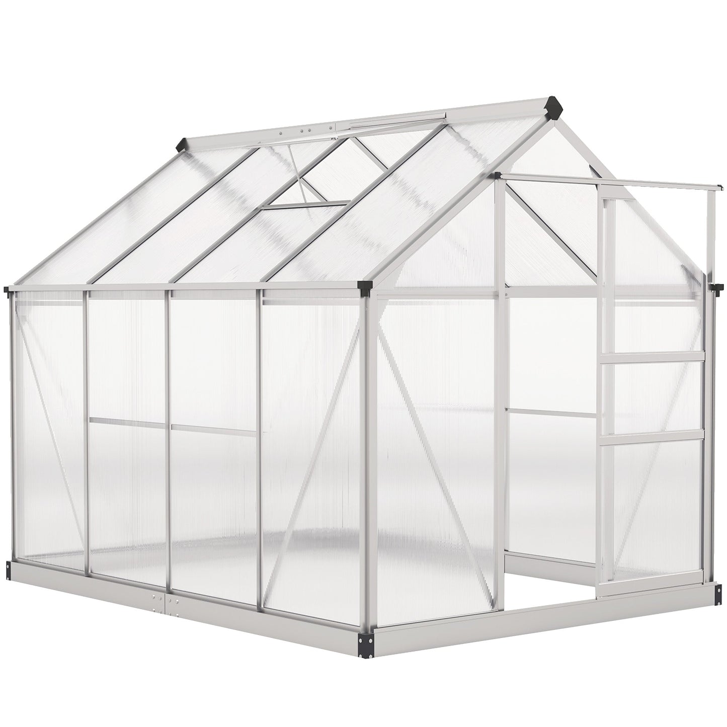 6' x 8' x 6.6' Polycarbonate Greenhouse, Walk-In Green House Kit Garden, Plants Grow, Galvanized Sheet Aluminum Frame with Rain Gutter, Vent and Sliding Door, Silver