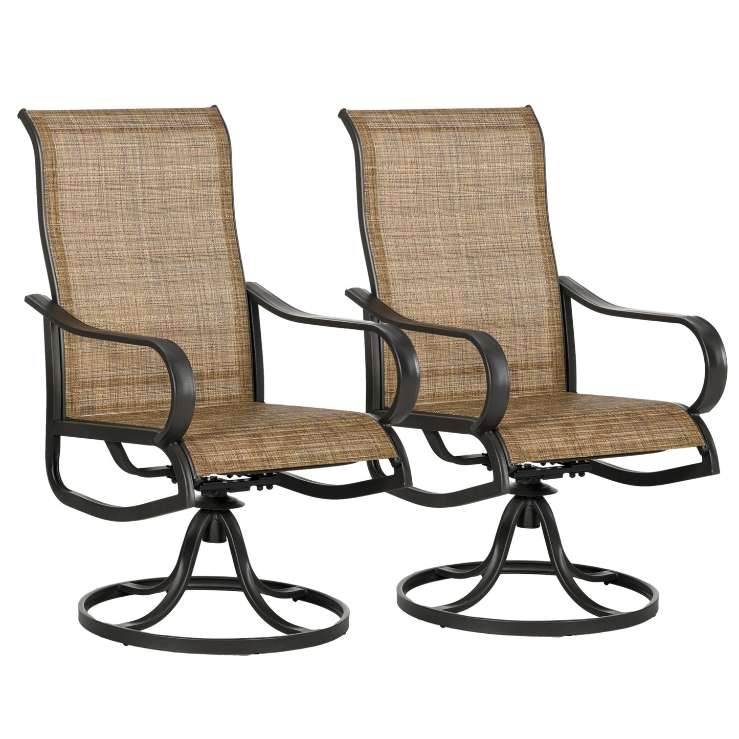 2-Piece Swivel Patio Dining Chairs, 360° Swivel Rocking Outdoor Chairs with Curved Armrests, Breathable Mesh Seat & S Shape Backrest for Yard, Lawn, Porch, Brown