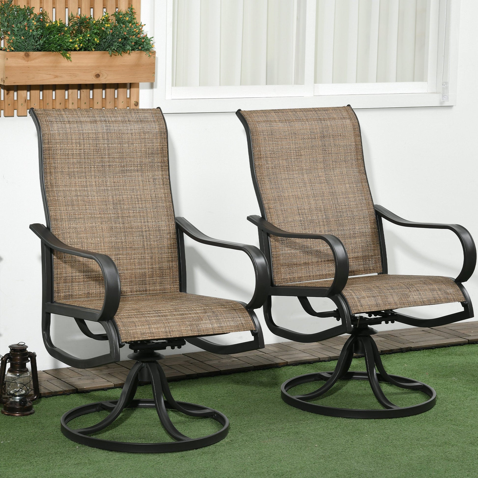 2-Piece Swivel Patio Dining Chairs, 360° Swivel Rocking Outdoor Chairs with Curved Armrests, Breathable Mesh Seat & S Shape Backrest for Yard, Lawn, Porch, Brown