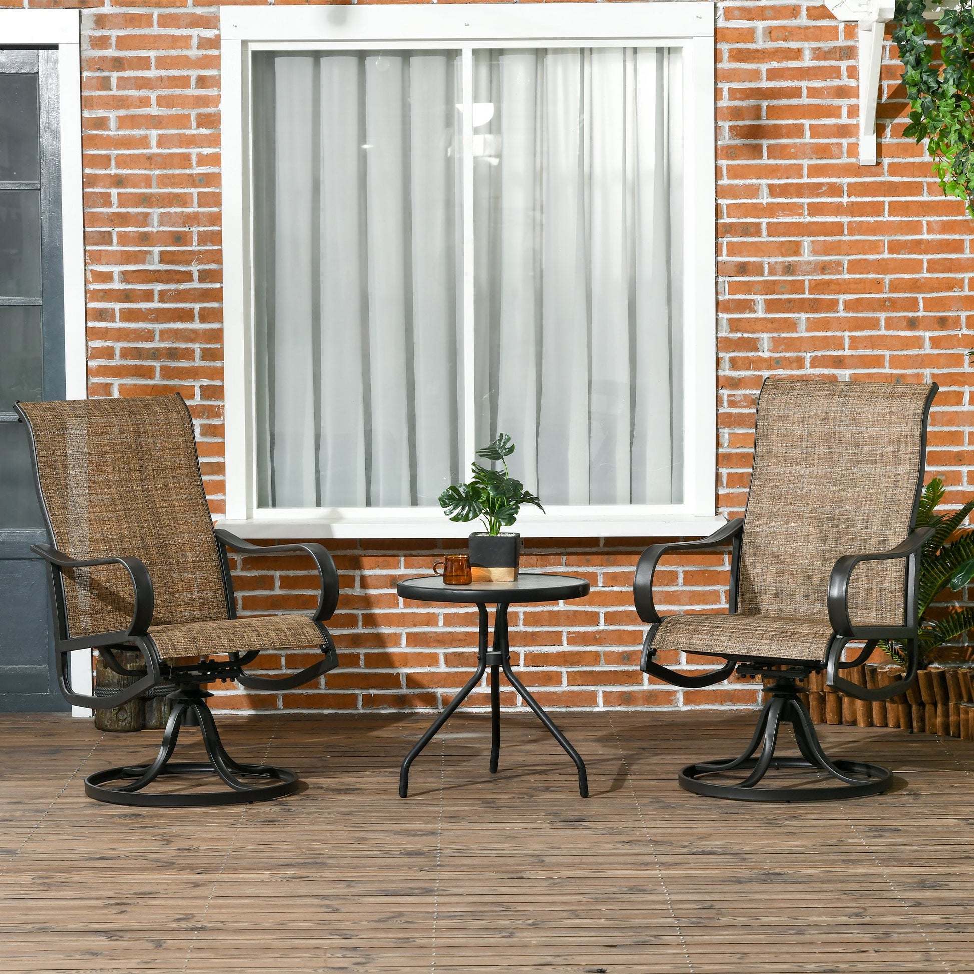 2-Piece Swivel Patio Dining Chairs, 360° Swivel Rocking Outdoor Chairs with Curved Armrests, Breathable Mesh Seat & S Shape Backrest for Yard, Lawn, Porch, Brown