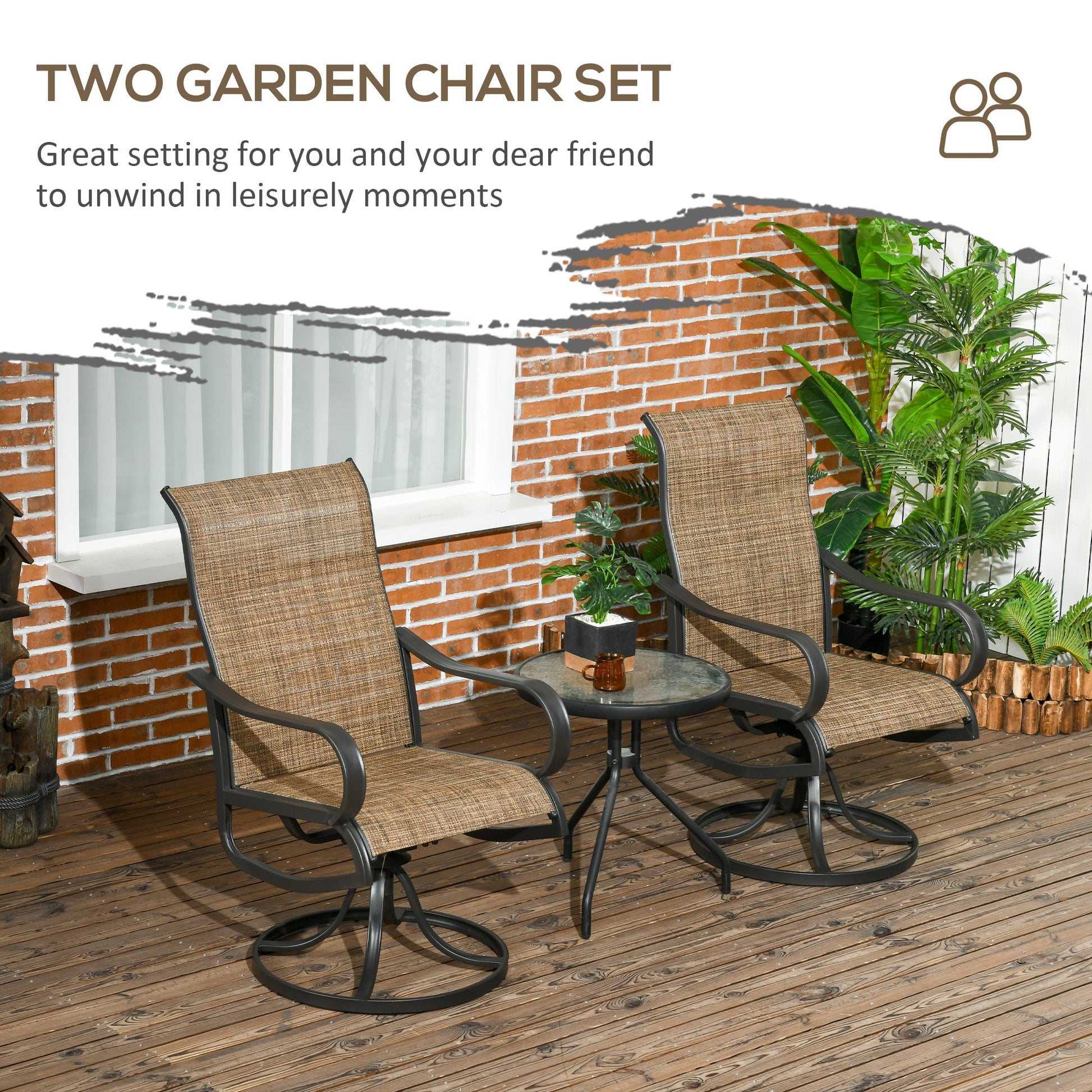 2-Piece Swivel Patio Dining Chairs, 360° Swivel Rocking Outdoor Chairs with Curved Armrests, Breathable Mesh Seat & S Shape Backrest for Yard, Lawn, Porch, Brown