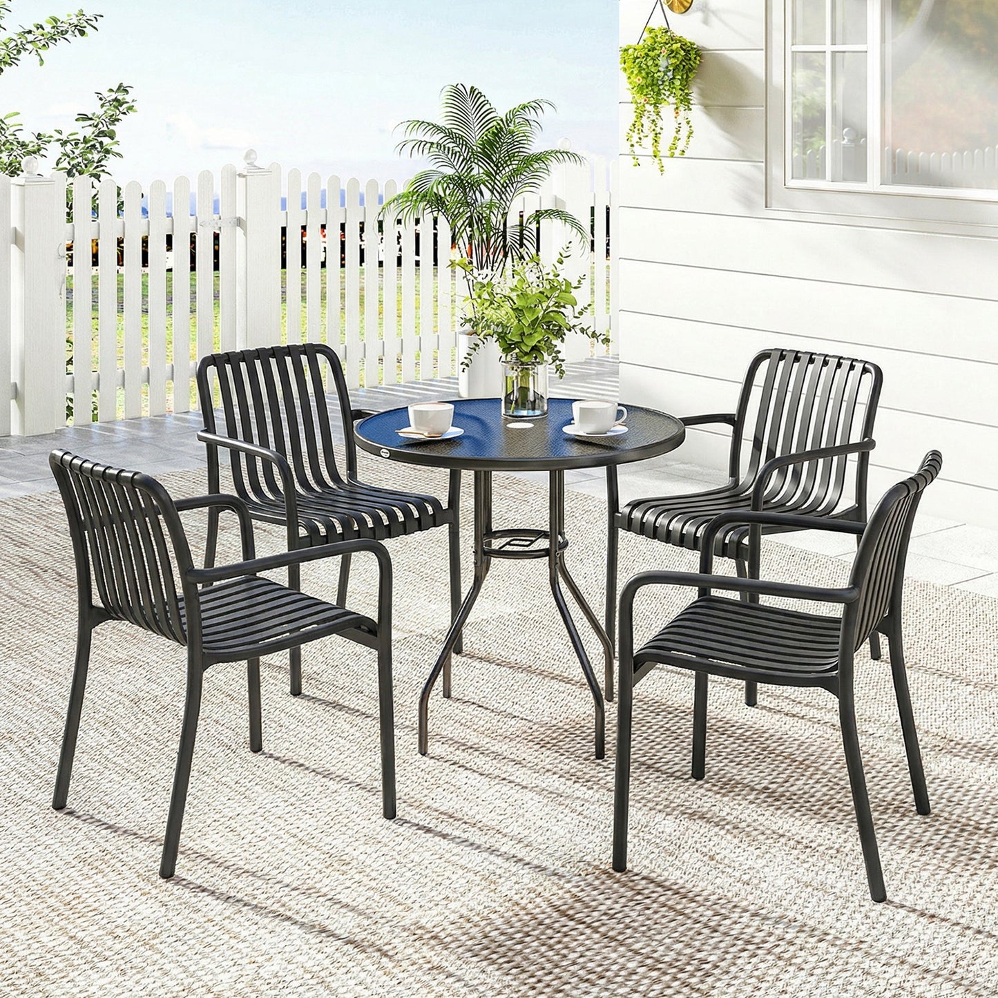 Stackable Patio Chairs Set of 4, Outdoor Patio Dining Chairs with Curved Backrest, Slatted Seat and Armrest for Indoor, Outdoor, Balcony, Deck, Garden,  Plastic, Black