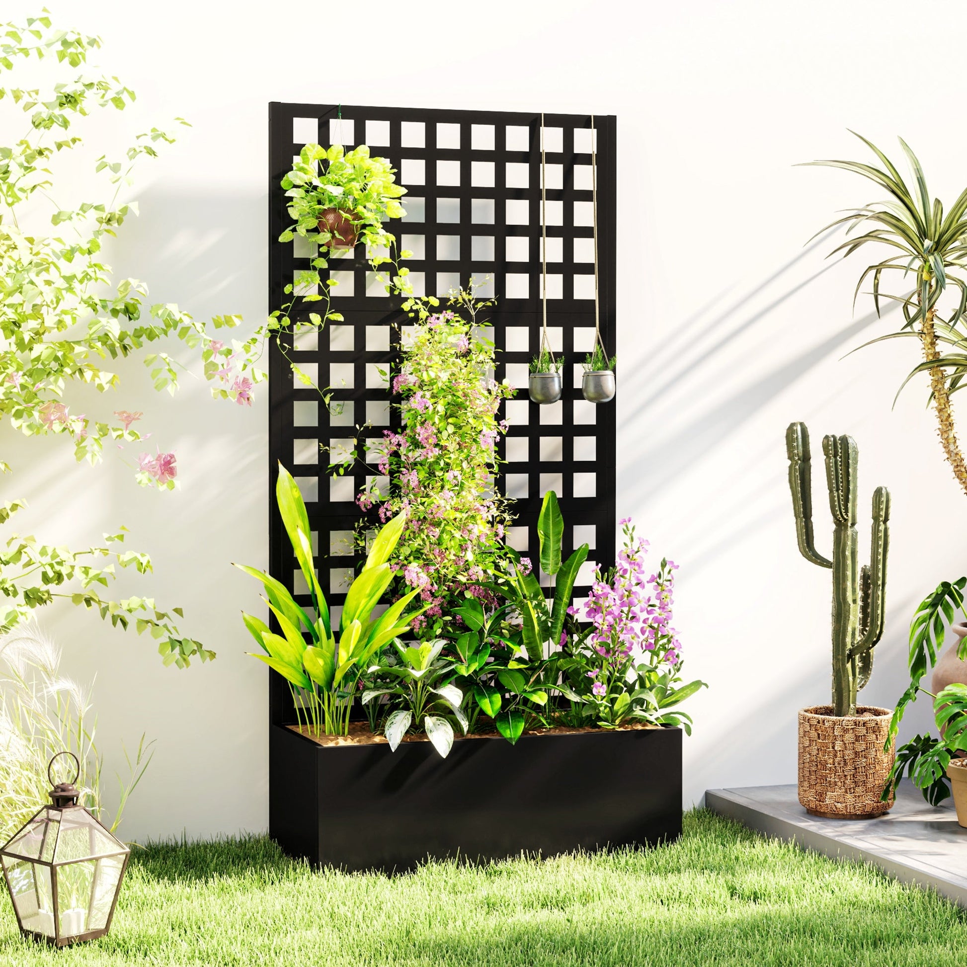 Galvanized Raised Garden Bed with Trellis, Metal Planter Box with Drainage Holes, Outdoor Privacy Screen for Climbing Plants, Vegetable, Vines, 35" x 16" x 70"