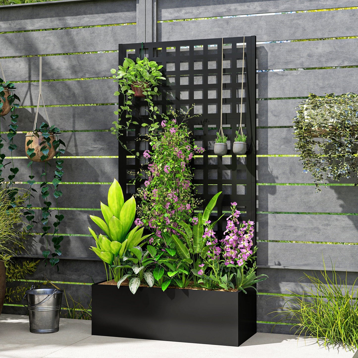 Galvanized Raised Garden Bed with Trellis, Metal Planter Box with Drainage Holes, Outdoor Privacy Screen for Climbing Plants, Vegetable, Vines, 35" x 16" x 70"