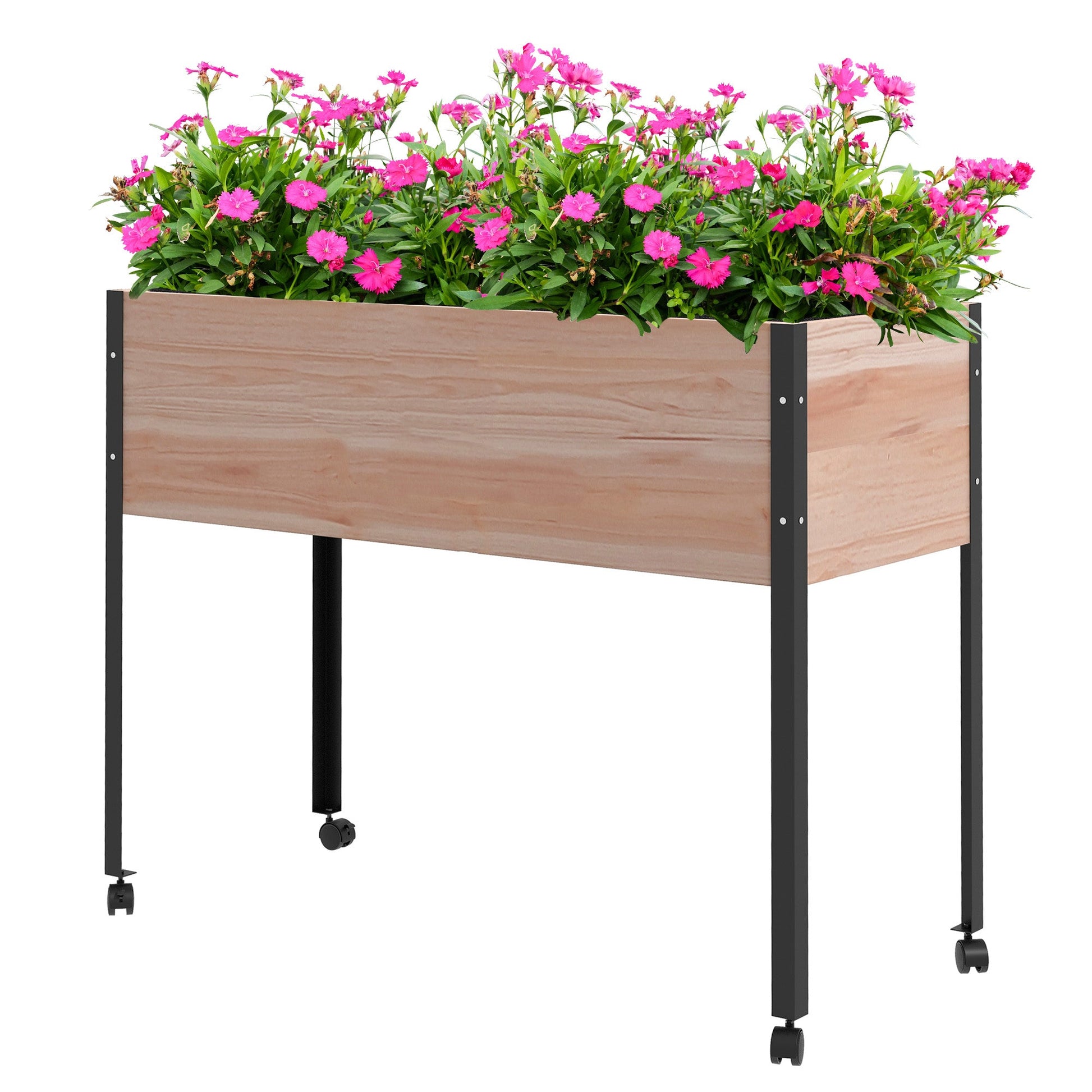 Wooden Raised Garden Bed with Wheels, Elevated Planter Box with Metal Legs, Drainage Holes and Bed Liner, for Vegetables, Flowers, Herbs