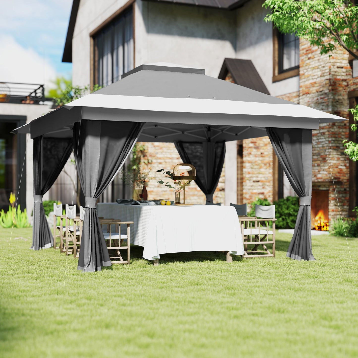 11.7' x 11.7' Pop Up Canopy Tent with Netting, UPF50+ Instant Party Tent Gazebo, Height Adjustable, with Wheeled Carry Bag and Sand Bags for Outdoor, Garden, Patio