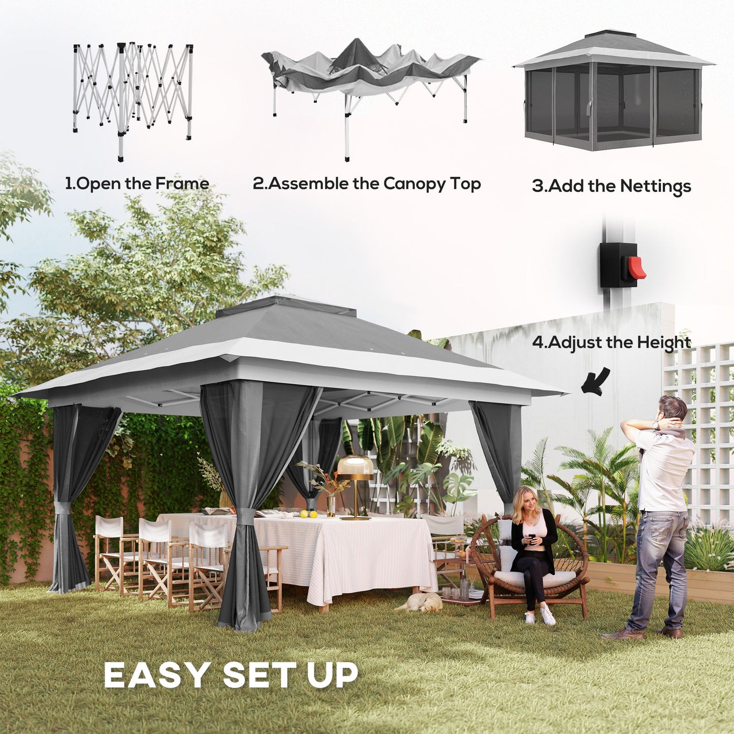 11.7' x 11.7' Pop Up Canopy Tent with Netting, UPF50+ Instant Party Tent Gazebo, Height Adjustable, with Wheeled Carry Bag and Sand Bags for Outdoor, Garden, Patio