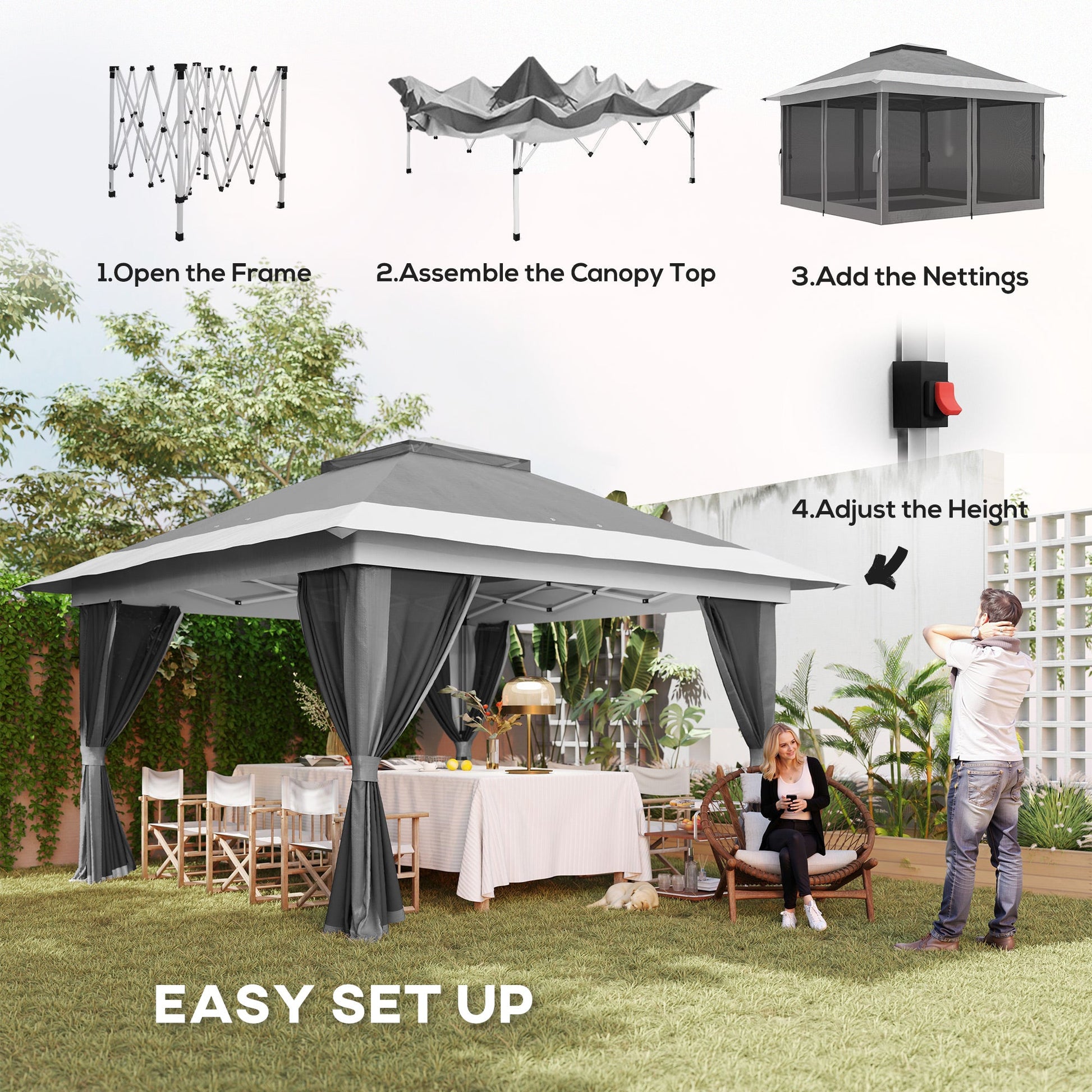 11.7' x 11.7' Pop Up Canopy Tent with Netting, UPF50+ Instant Party Tent Gazebo, Height Adjustable, with Wheeled Carry Bag and Sand Bags for Outdoor, Garden, Patio