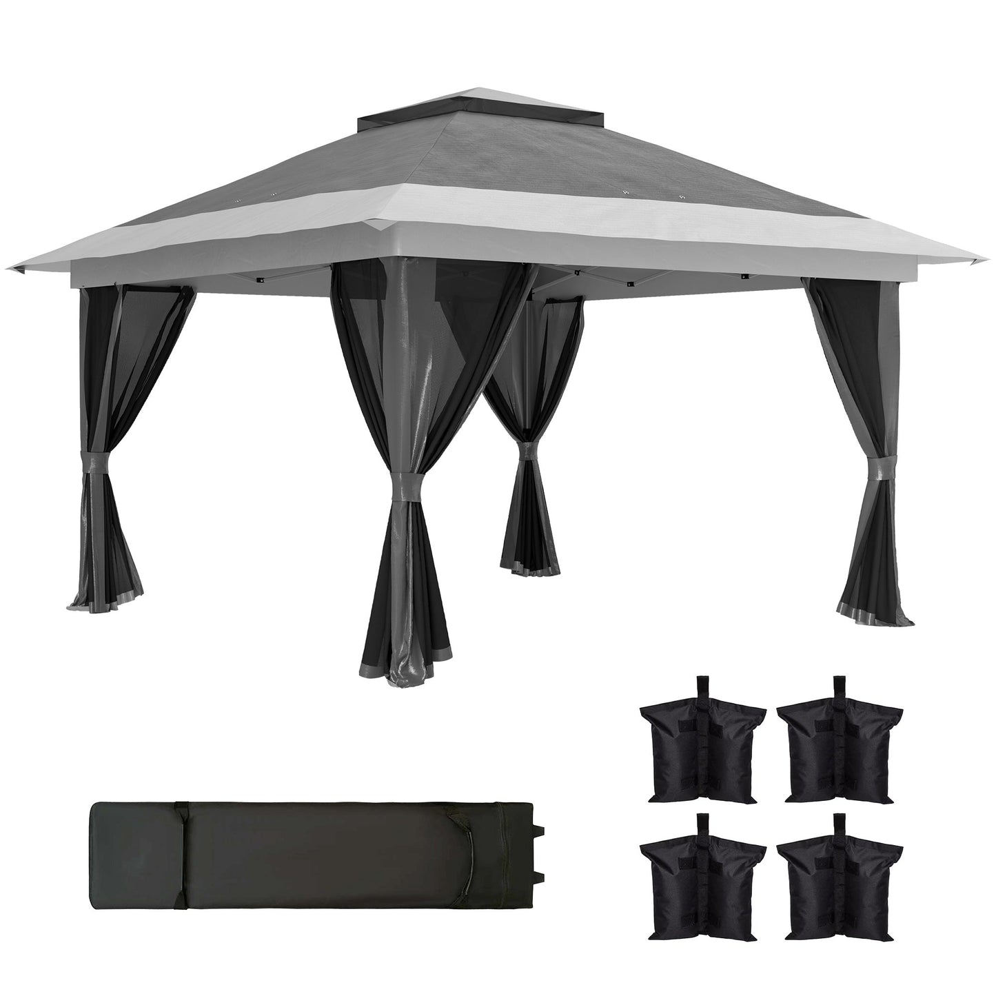 11.7' x 11.7' Pop Up Canopy Tent with Netting, UPF50+ Instant Party Tent Gazebo, Height Adjustable, with Wheeled Carry Bag and Sand Bags for Outdoor, Garden, Patio