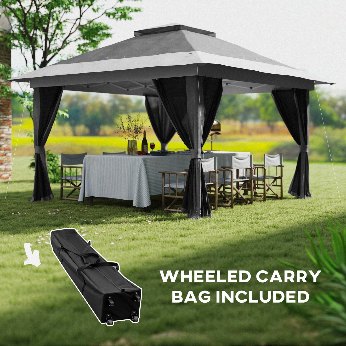 11.7' x 11.7' Pop Up Canopy Tent with Netting, UPF50+ Instant Party Tent Gazebo, Height Adjustable, with Wheeled Carry Bag and Sand Bags for Outdoor, Garden, Patio