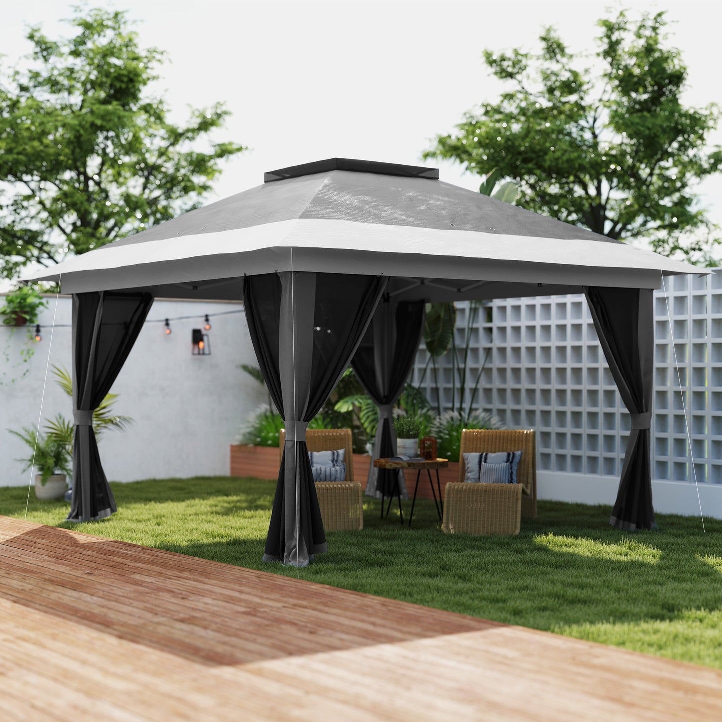 11.7' x 11.7' Pop Up Canopy Tent with Netting, UPF50+ Instant Party Tent Gazebo, Height Adjustable, with Wheeled Carry Bag and Sand Bags for Outdoor, Garden, Patio