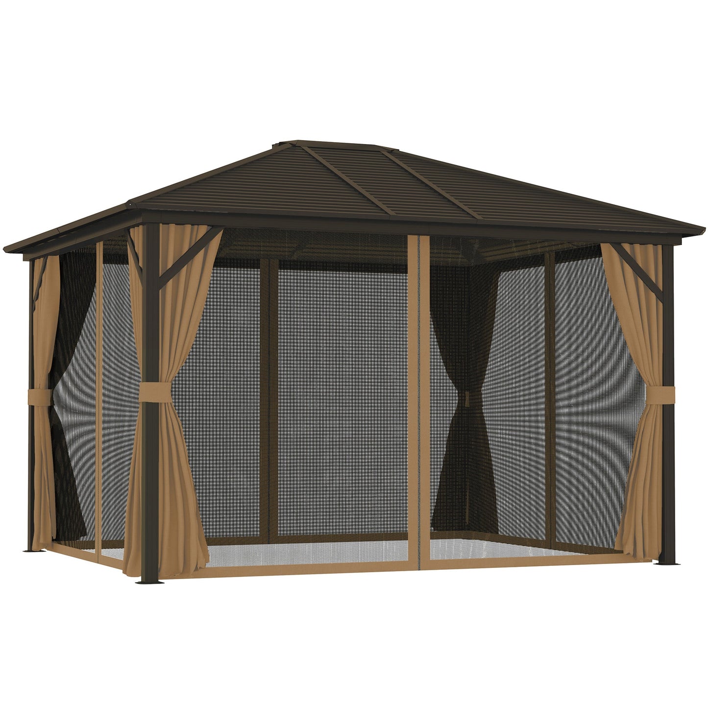 10' x 12' Deluxe Hardtop Gazebo with Metal Roof, Aluminum Frame Patio Gazebo Garden Sun Shelter Outdoor Pavilion with Curtains and Netting, Coffee