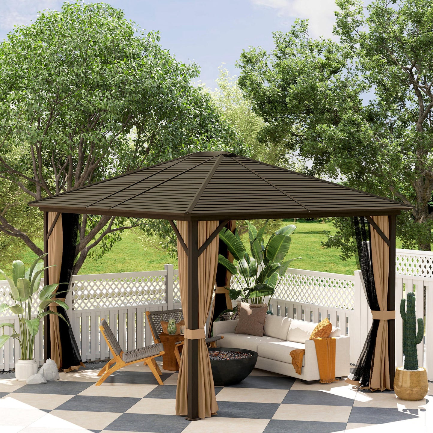 10' x 12' Deluxe Hardtop Gazebo with Metal Roof, Aluminum Frame Patio Gazebo Garden Sun Shelter Outdoor Pavilion with Curtains and Netting, Coffee