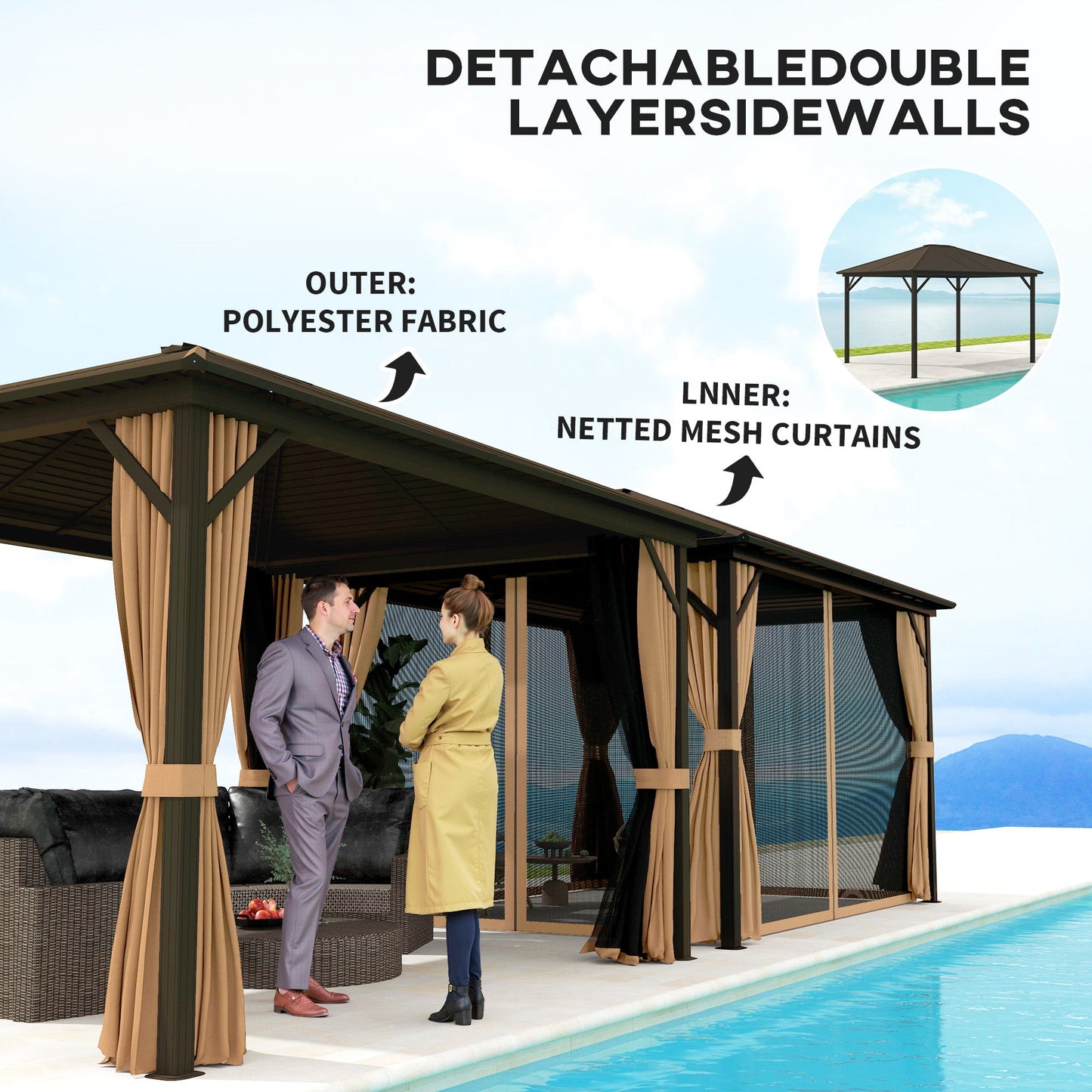 10' x 12' Deluxe Hardtop Gazebo with Metal Roof, Aluminum Frame Patio Gazebo Garden Sun Shelter Outdoor Pavilion with Curtains and Netting, Coffee