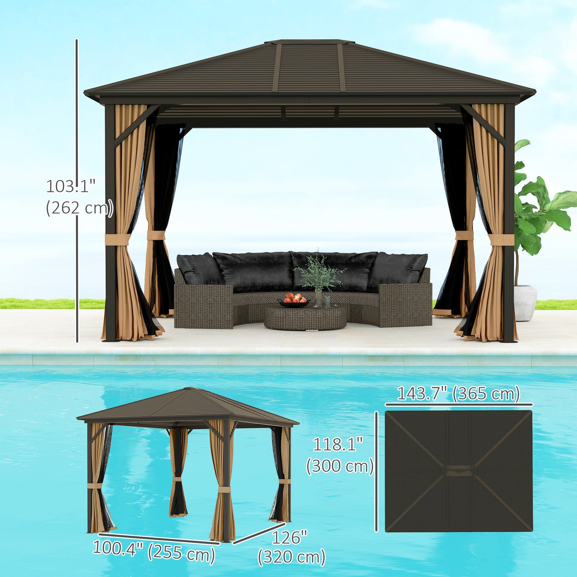 10' x 12' Deluxe Hardtop Gazebo with Metal Roof, Aluminum Frame Patio Gazebo Garden Sun Shelter Outdoor Pavilion with Curtains and Netting, Coffee