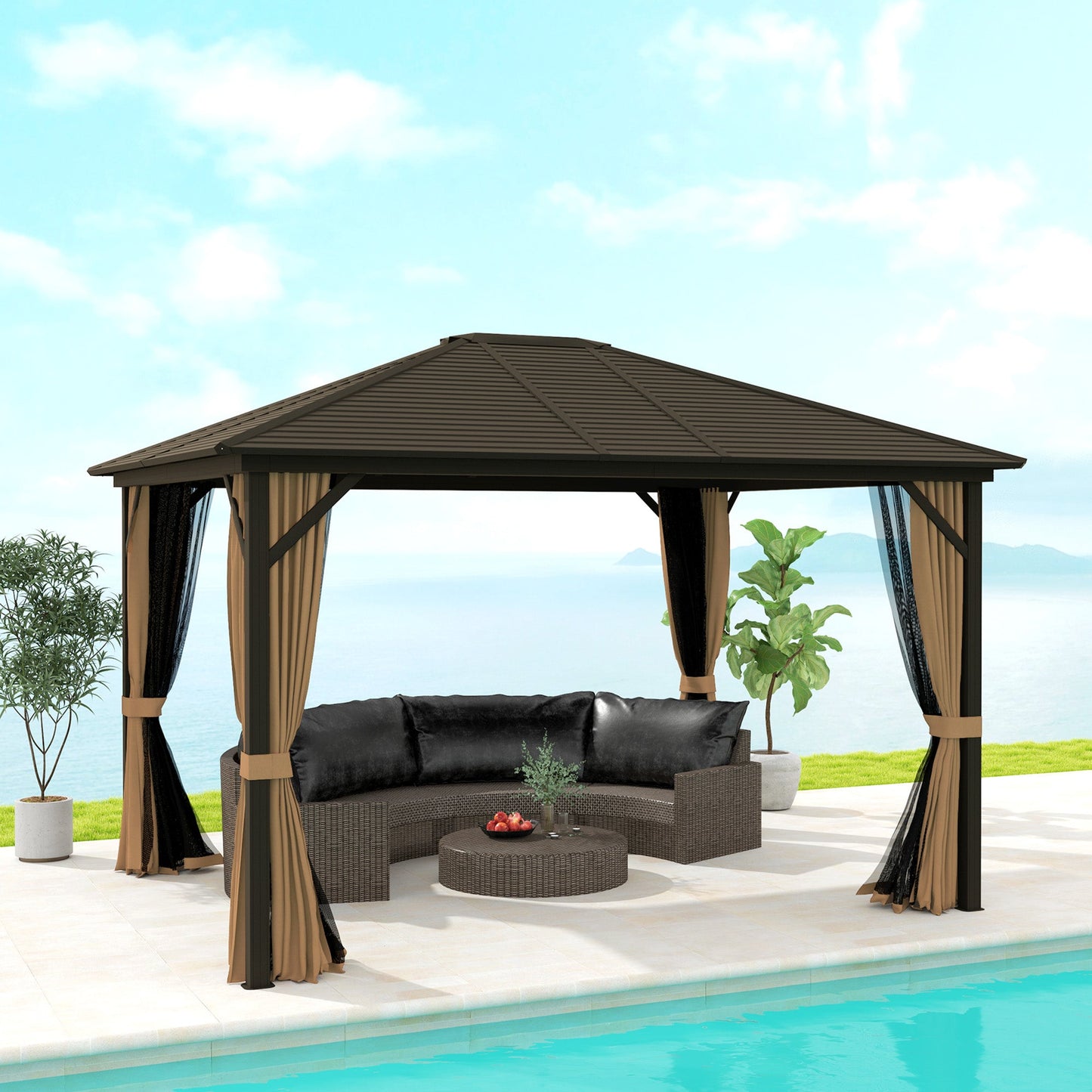 10' x 12' Deluxe Hardtop Gazebo with Metal Roof, Aluminum Frame Patio Gazebo Garden Sun Shelter Outdoor Pavilion with Curtains and Netting, Coffee
