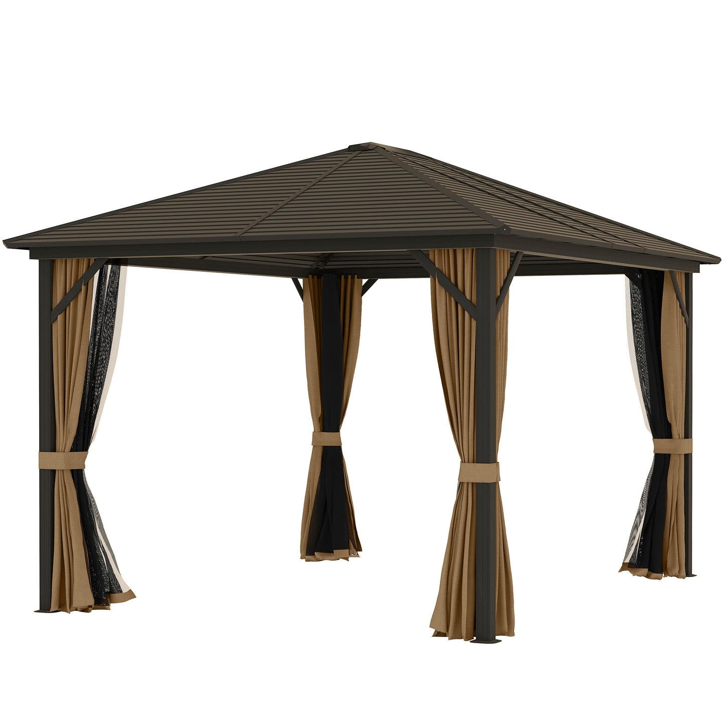 10' x 12' Deluxe Hardtop Gazebo with Metal Roof, Aluminum Frame Patio Gazebo Garden Sun Shelter Outdoor Pavilion with Curtains and Netting, Coffee