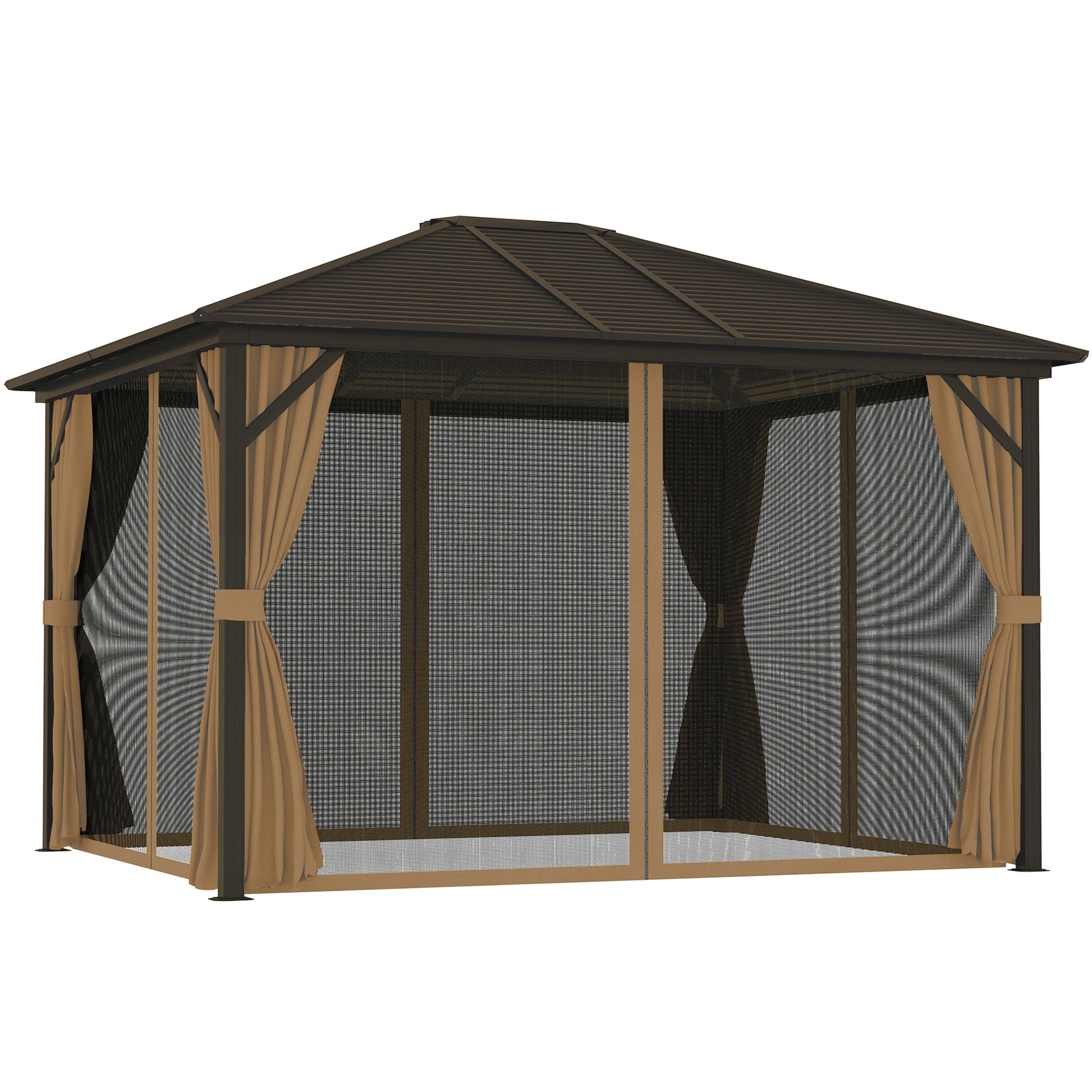 10' x 12' Deluxe Hardtop Gazebo with Metal Roof, Aluminum Frame Patio Gazebo Garden Sun Shelter Outdoor Pavilion with Curtains and Netting, Coffee