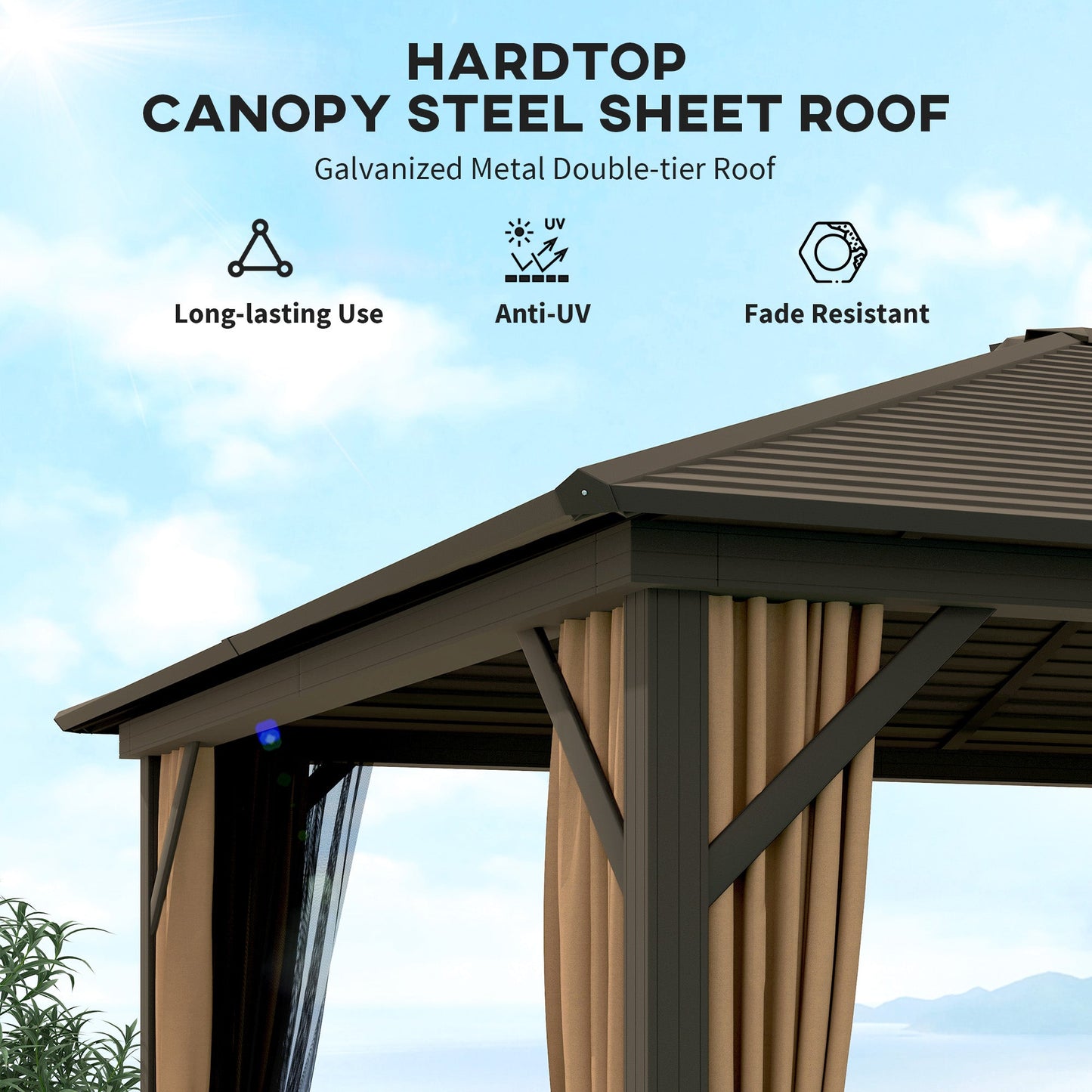 10' x 12' Deluxe Hardtop Gazebo with Metal Roof, Aluminum Frame Patio Gazebo Garden Sun Shelter Outdoor Pavilion with Curtains and Netting, Coffee