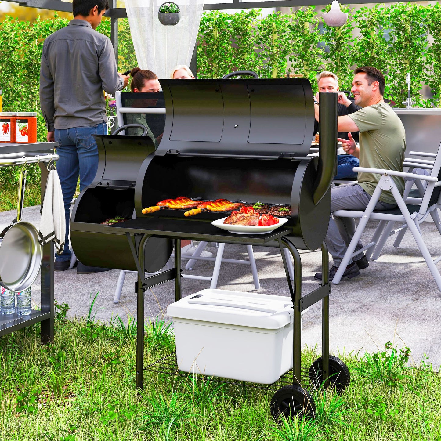 Portable Outdoor Charcoal BBQ Grill with Offset Smoker, Barbecue Grill with Spacious Cooking Area, 2 Shelves, Thermometer, Wheels for Patio Backyard Party, Black