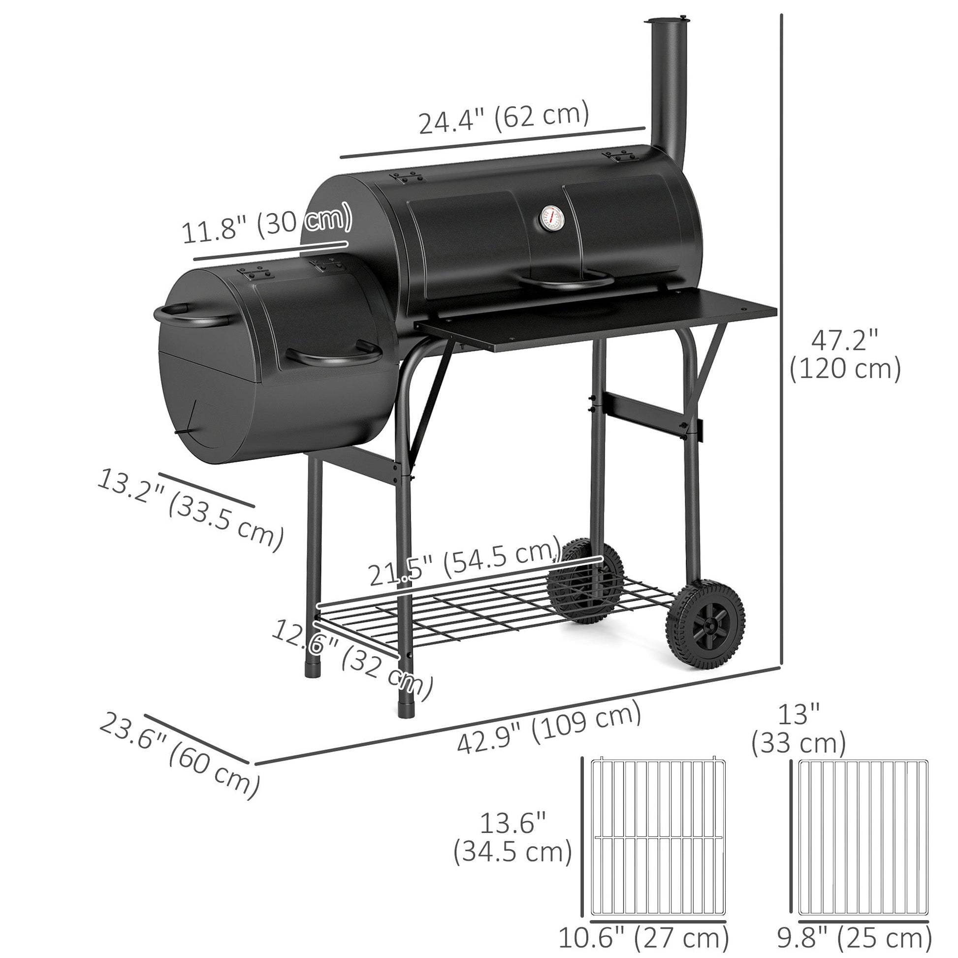 Portable Outdoor Charcoal BBQ Grill with Offset Smoker, Barbecue Grill with Spacious Cooking Area, 2 Shelves, Thermometer, Wheels for Patio Backyard Party, Black