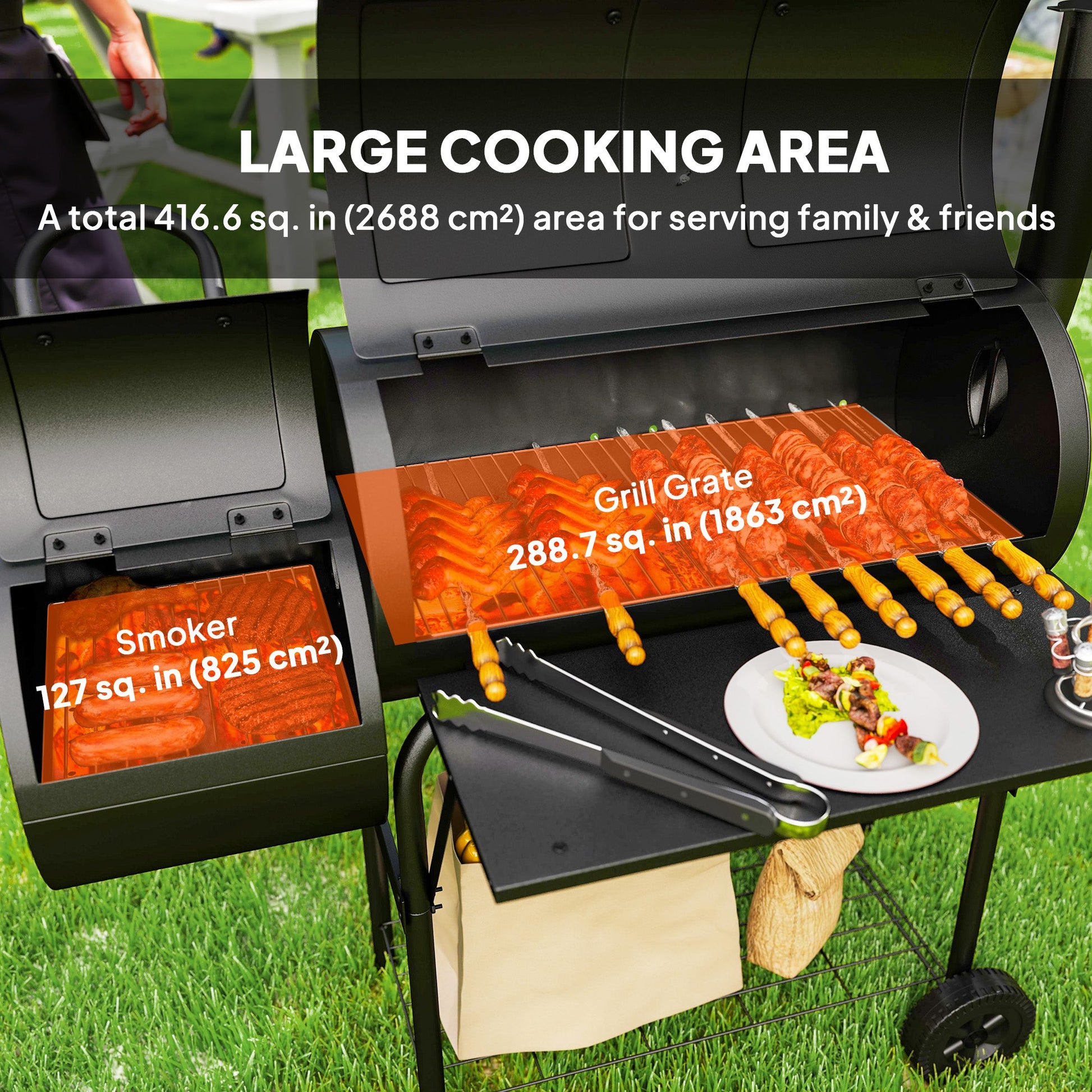 Portable Outdoor Charcoal BBQ Grill with Offset Smoker, Barbecue Grill with Spacious Cooking Area, 2 Shelves, Thermometer, Wheels for Patio Backyard Party, Black