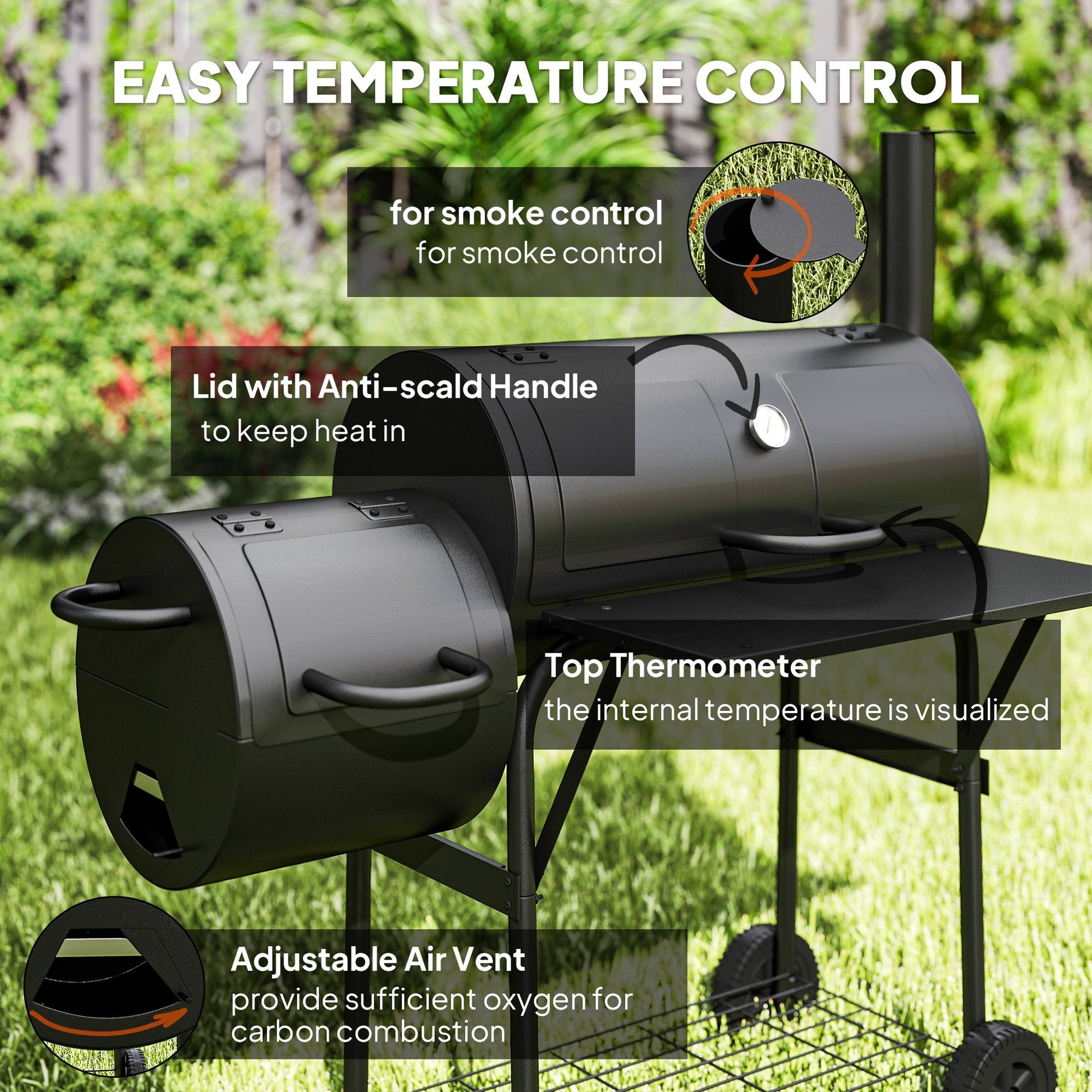 Portable Outdoor Charcoal BBQ Grill with Offset Smoker, Barbecue Grill with Spacious Cooking Area, 2 Shelves, Thermometer, Wheels for Patio Backyard Party, Black