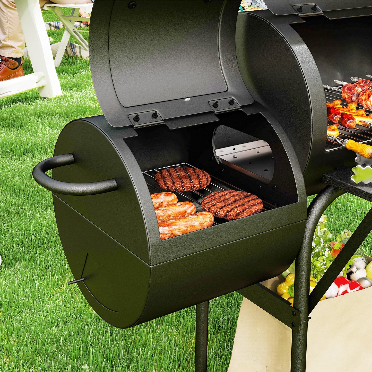 Portable Outdoor Charcoal BBQ Grill with Offset Smoker, Barbecue Grill with Spacious Cooking Area, 2 Shelves, Thermometer, Wheels for Patio Backyard Party, Black
