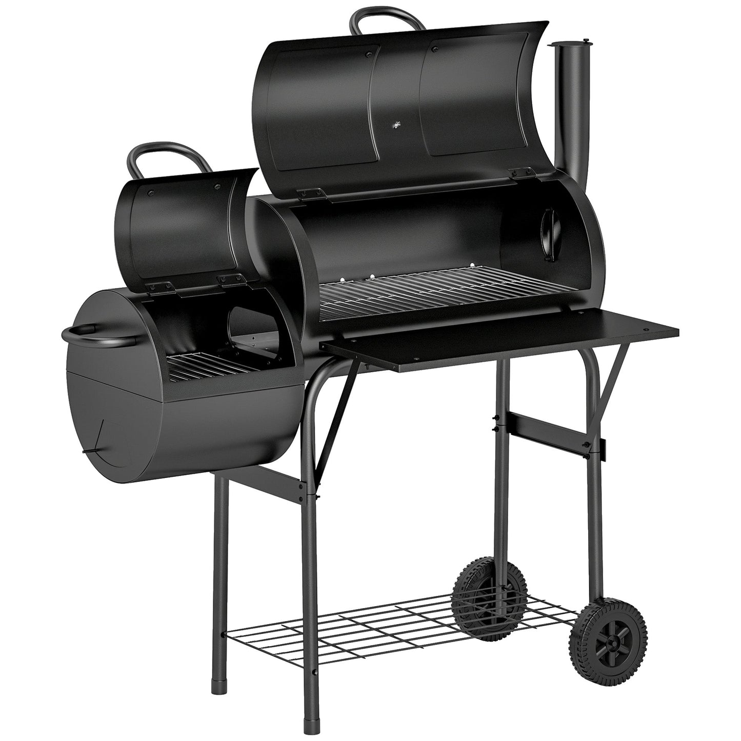 Portable Outdoor Charcoal BBQ Grill with Offset Smoker, Barbecue Grill with Spacious Cooking Area, 2 Shelves, Thermometer, Wheels for Patio Backyard Party, Black