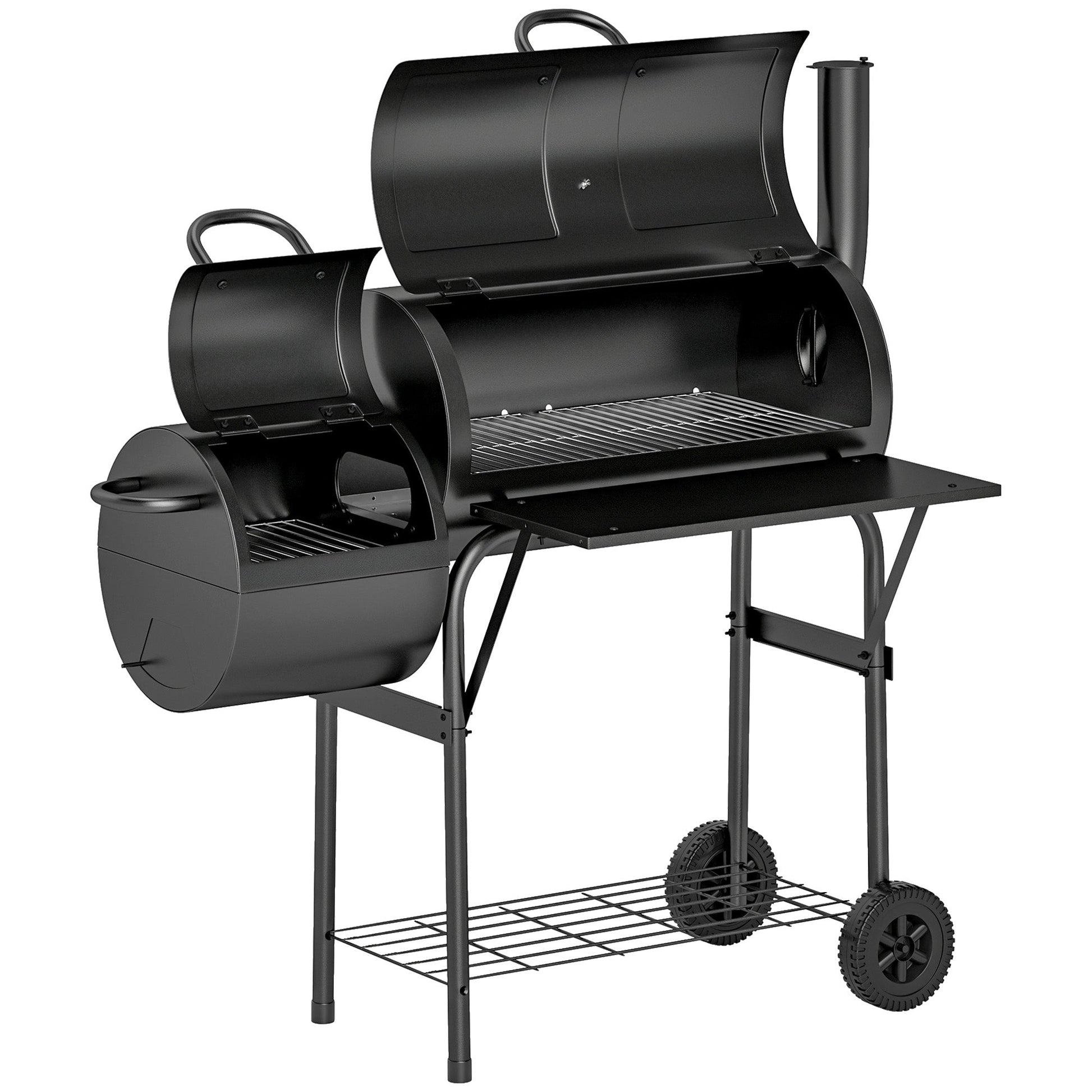 Portable Outdoor Charcoal BBQ Grill with Offset Smoker, Barbecue Grill with Spacious Cooking Area, 2 Shelves, Thermometer, Wheels for Patio Backyard Party, Black