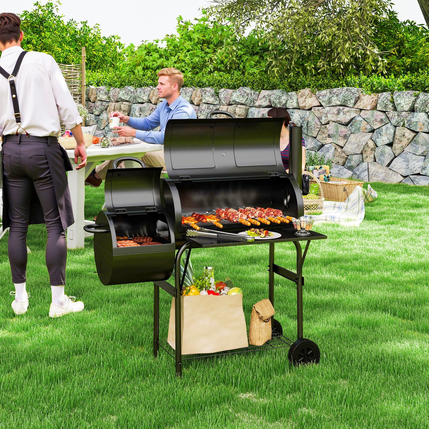 Portable Outdoor Charcoal BBQ Grill with Offset Smoker, Barbecue Grill with Spacious Cooking Area, 2 Shelves, Thermometer, Wheels for Patio Backyard Party, Black