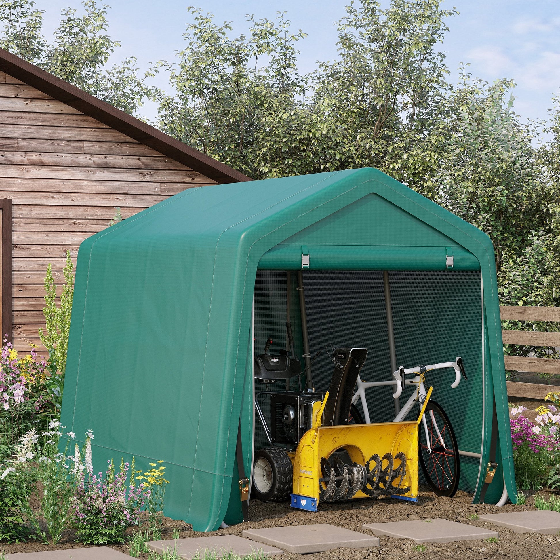 7.9' x 6.6' Garden Storage Tent, Heavy Duty Bike Shed, Patio Storage Shelter w/ Metal Frame and Double Zipper Doors, Green