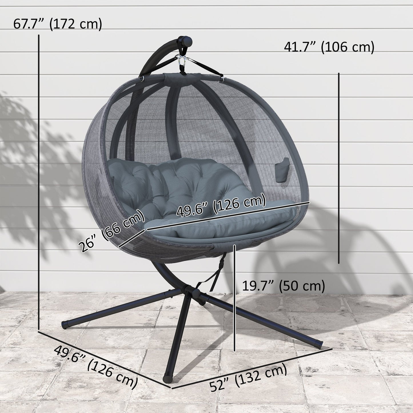Double Egg Chair with Stand, 2 Person Hanging Swing Egg Chair Outdoor Indoor, 528 LBS Capacity Loveseat Hammock Swing with Cushion, Pockets, Grey