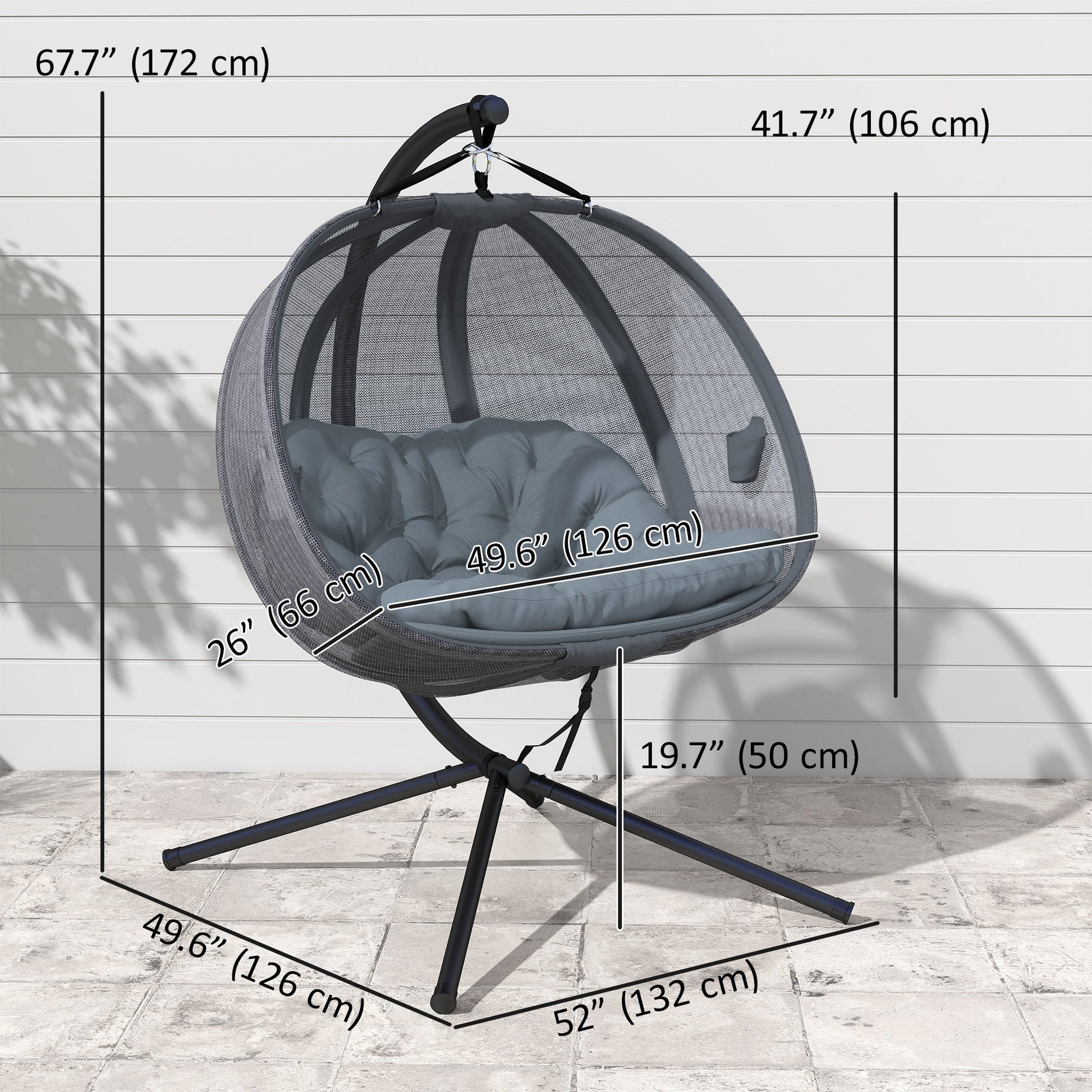 Double Egg Chair with Stand, 2 Person Hanging Swing Egg Chair Outdoor Indoor, 528 LBS Capacity Loveseat Hammock Swing with Cushion, Pockets, Grey