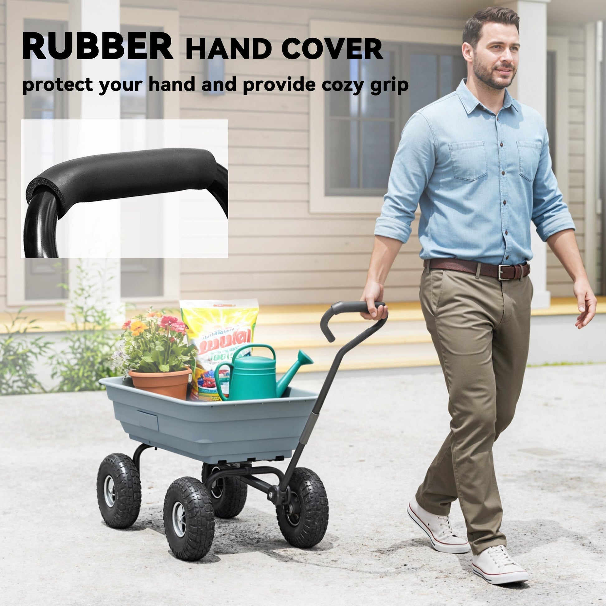 Steel Garden Cart with Handle and 10" Pneumatic Tires, Utility Wagon Cart for Garden, Patio, Lawn, 551 lbs Capacity, Grey
